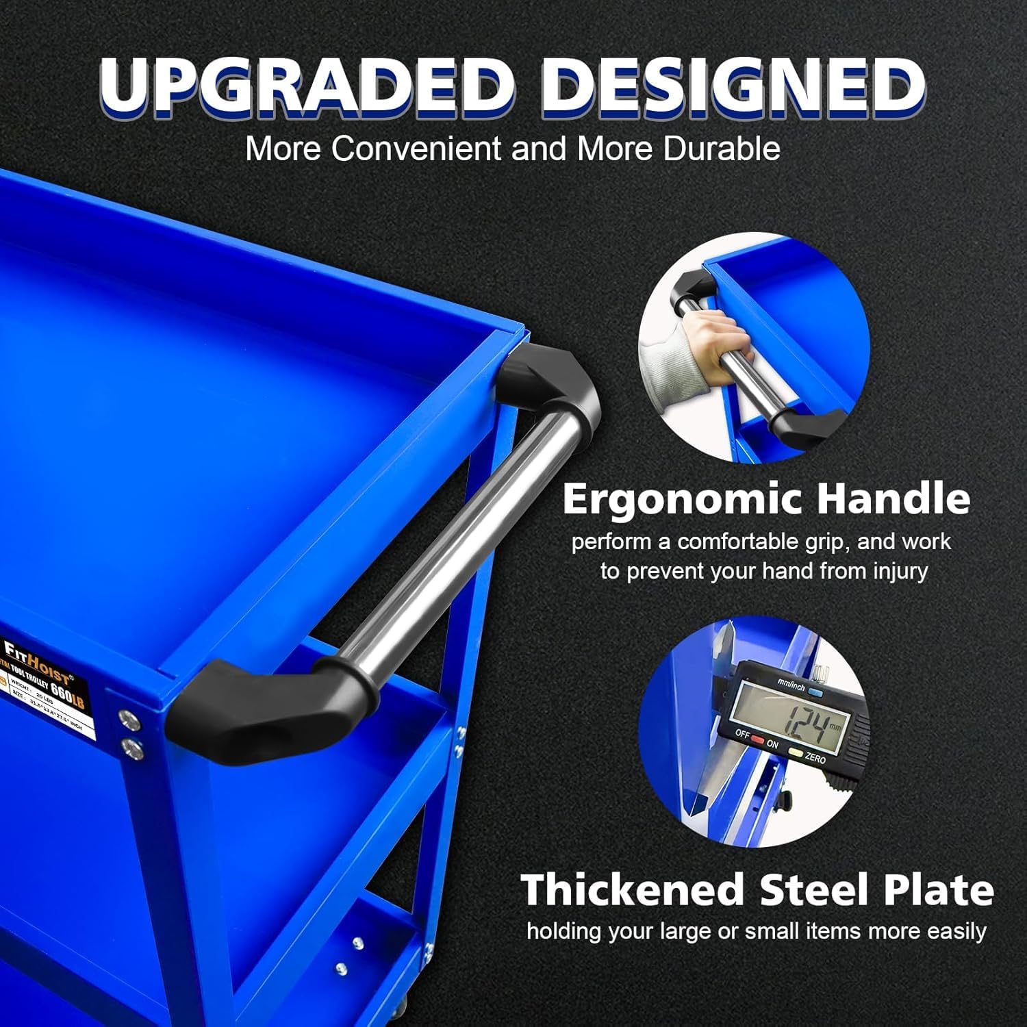 3-Tier Rolling Tool Cart, Blue, 470 LBS Capacity, 360-Degree Silent Swivel Casters with Brakes, Steel
