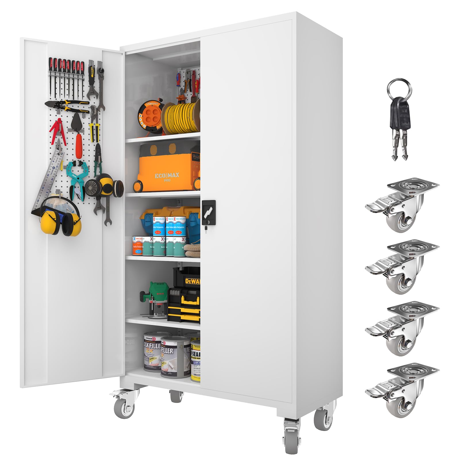 Large Metal Cabinet Two Lockable Doors Four Wheels,Four Adjustable dividers can be Used as Tool File Storage Suitable for garages Schools Gyms Offices