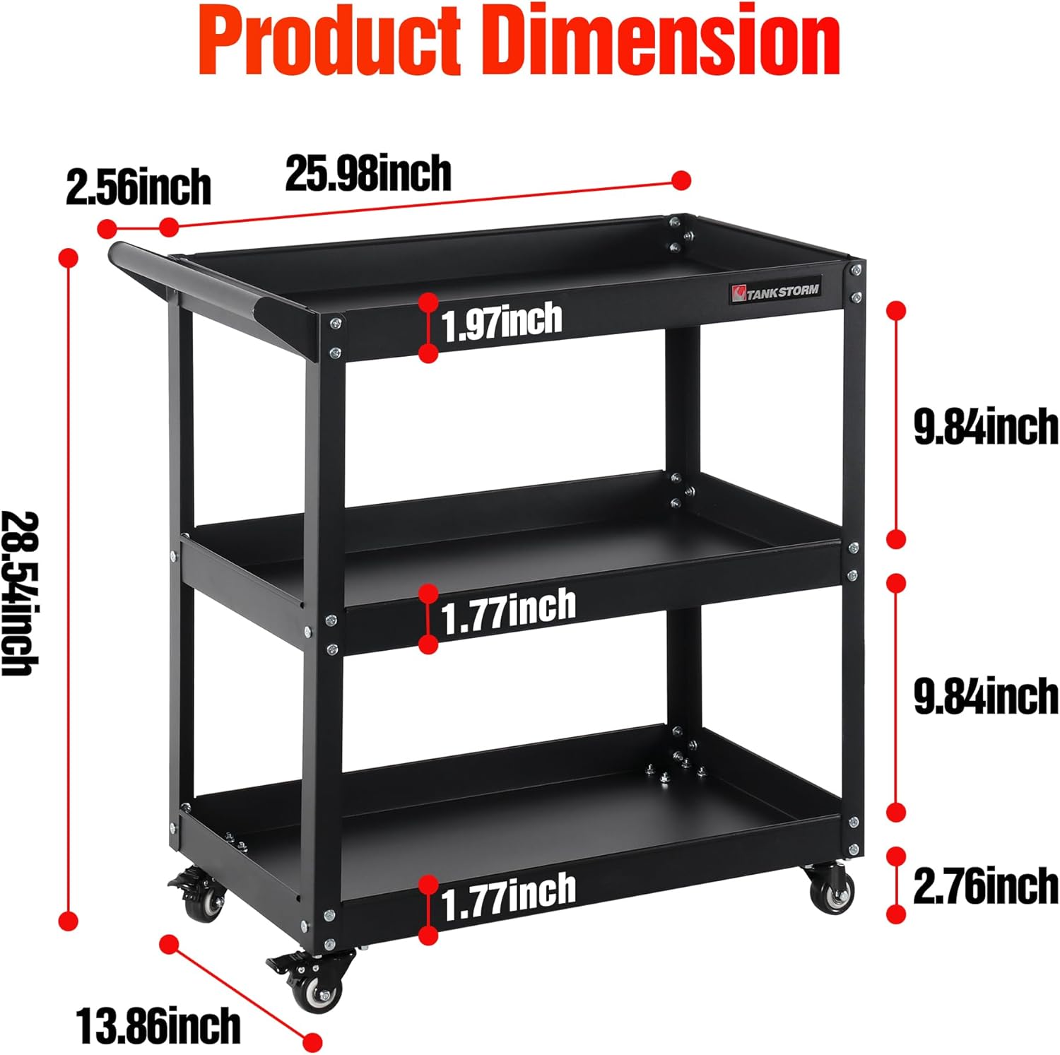3 Tier Heavy Duty Rolling Tool Cart, Industrial Steel Service Cart for Garage, Workshop, Warehouse, 330LBS Capacity, Black Mechanics Tool Trolley with Wheels and Handle