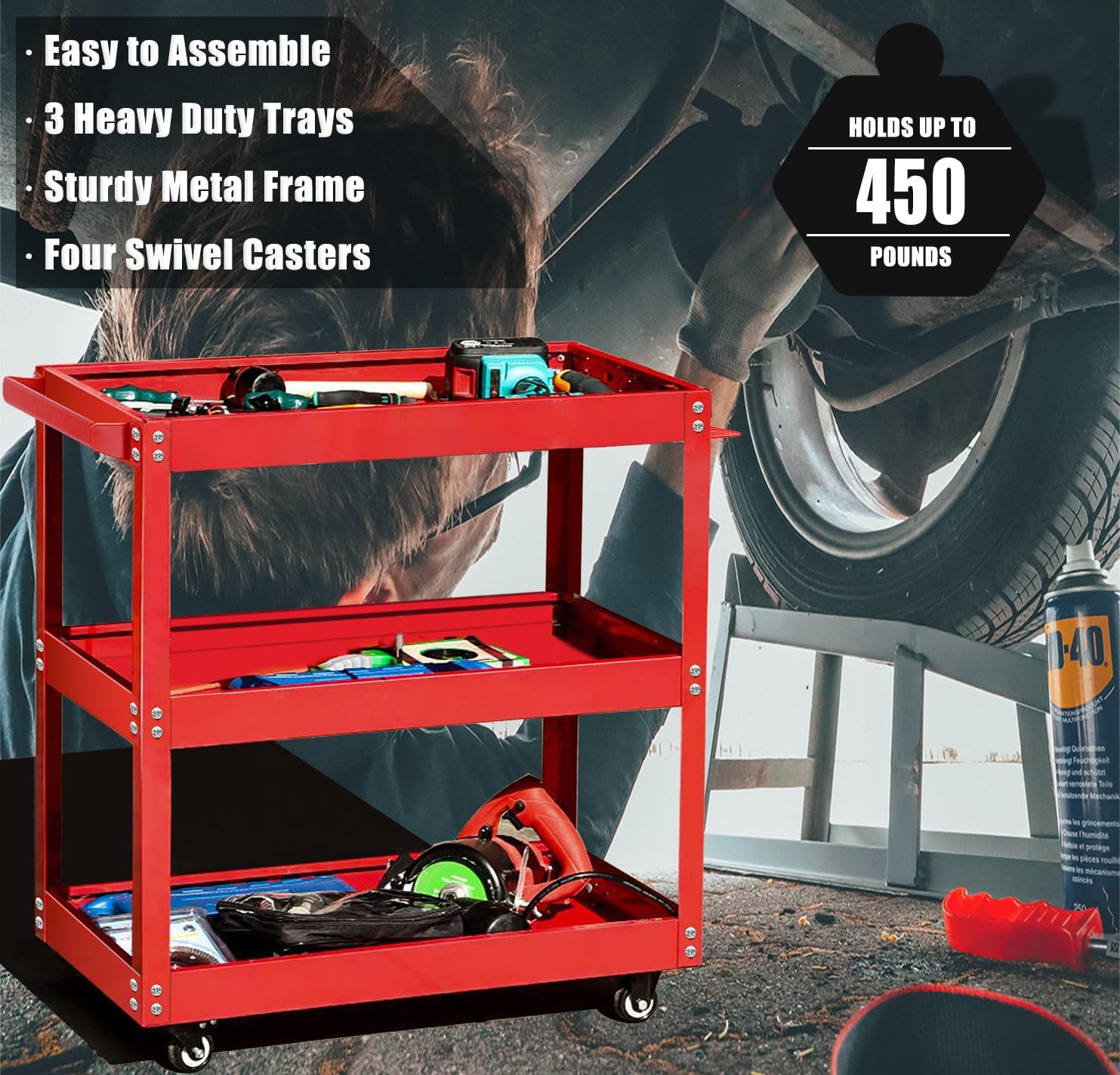 Tool Cart on Wheels, 3 Tier Rolling Mechanic Utility Cart, Heavy Duty Steel, Lockable Wheels, 450 LBS Capacity for Garage, Warehouse, Workshop
