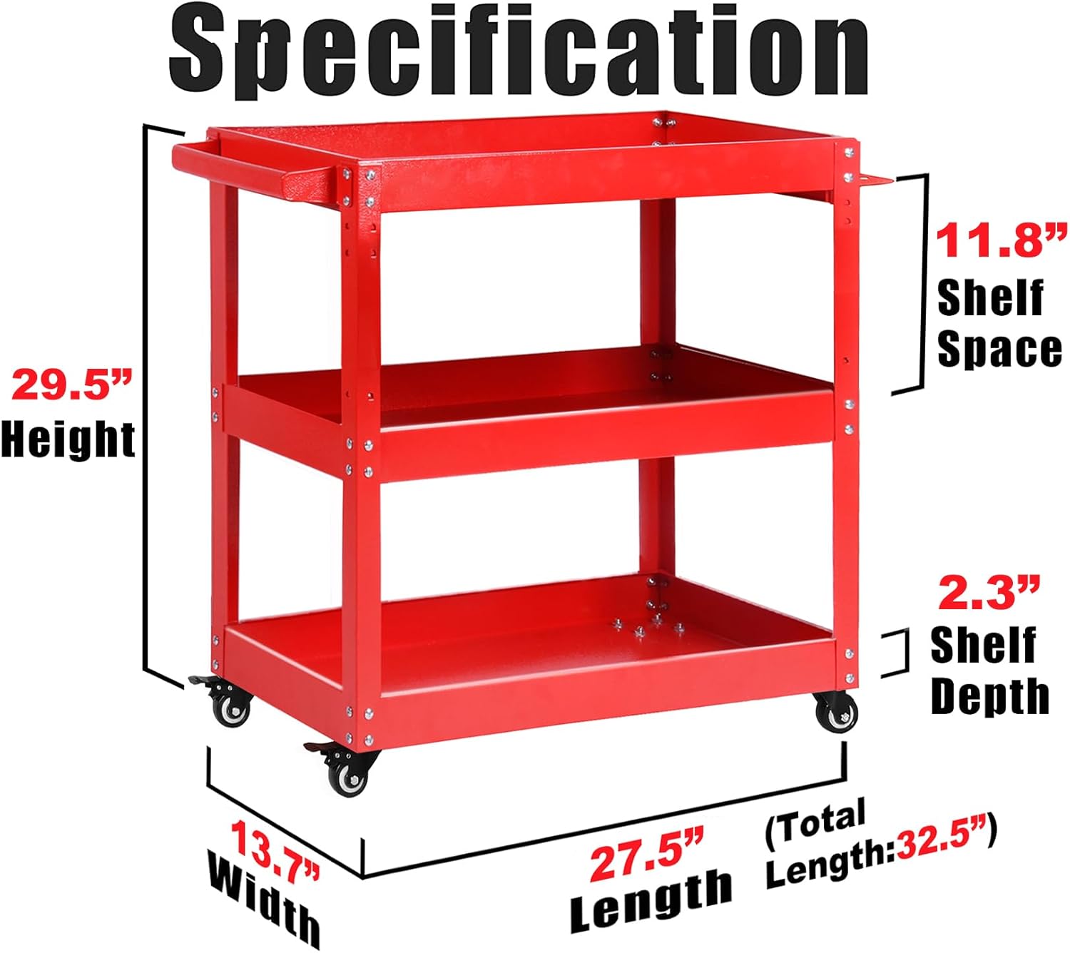 Tool Cart on Wheels, 3 Tier Rolling Mechanic Utility Cart, Heavy Duty Steel, Lockable Wheels, 450 LBS Capacity for Garage, Warehouse, Workshop
