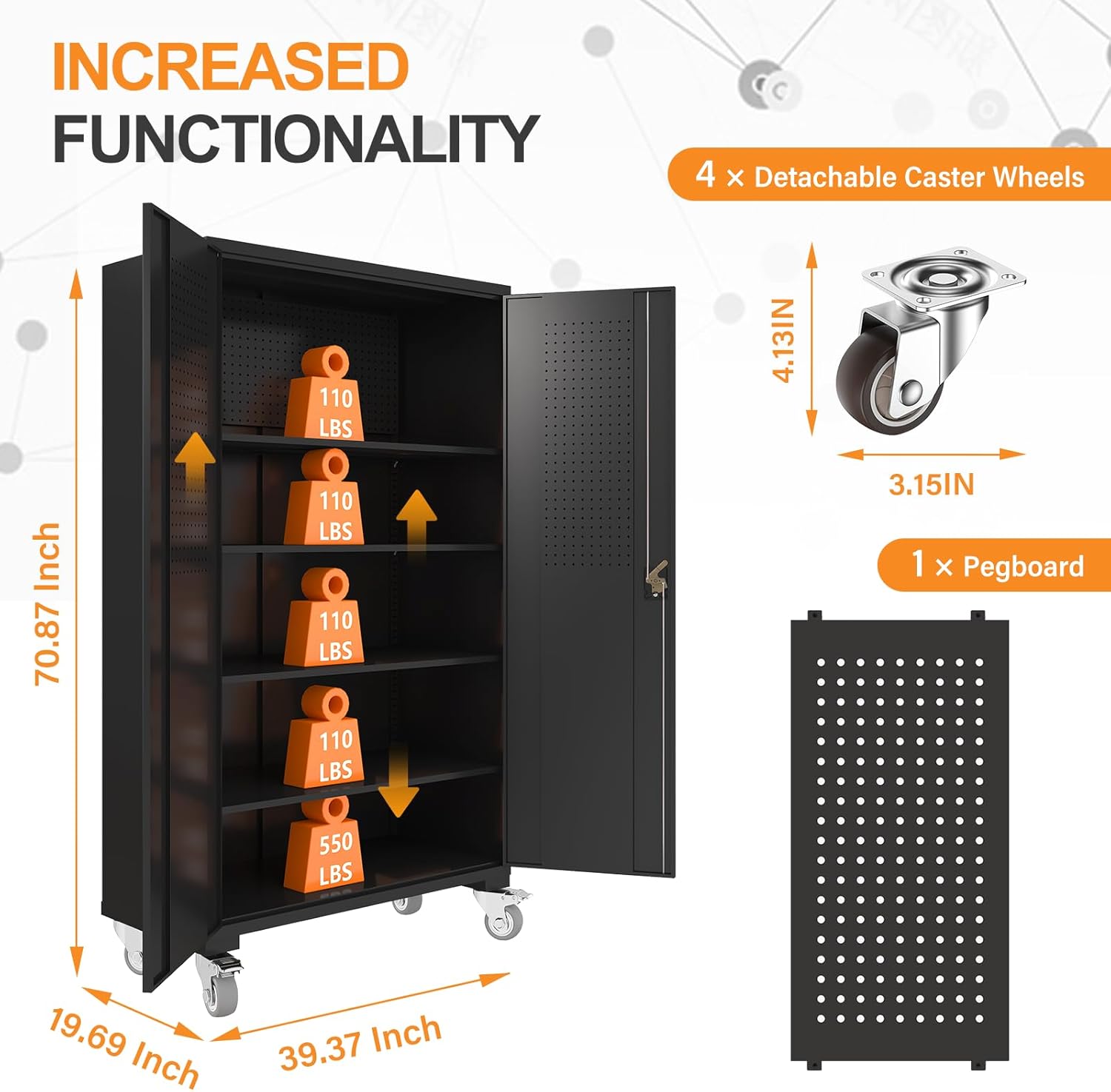 Large Metal Cabinet Two Lockable Doors Four Wheels,Four Adjustable dividers can be Used as Tool File Storage Suitable for garages Schools Gyms Offices