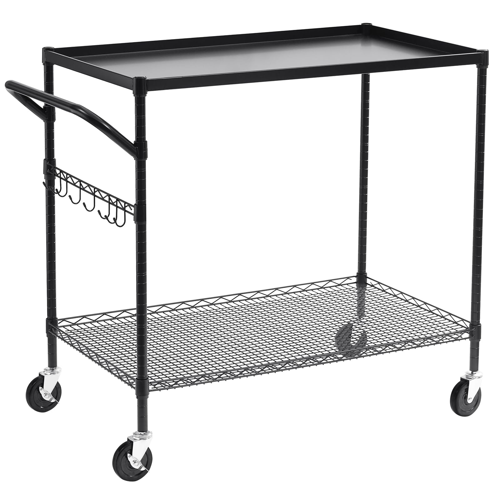 WDT 680Lbs Capacity Heavy Duty Rolling Utility Cart,2 Tier Rolling Carts with Wheels,Commercial Grade Metal Cart with Handle Bar & Shelf Liner,Trolley Serving Cart for Restaurant,Kitchen,Black