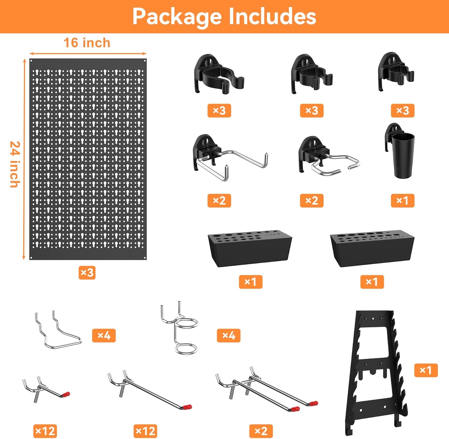 WALMANN Metal Pegboard Wall Tool Organizer Board with Pegboard Hooks, 24x48 in Tools Organizer Pegboard for Garage, Workbench, Peg Boards, Tool Storage Board with Hooks(Black)