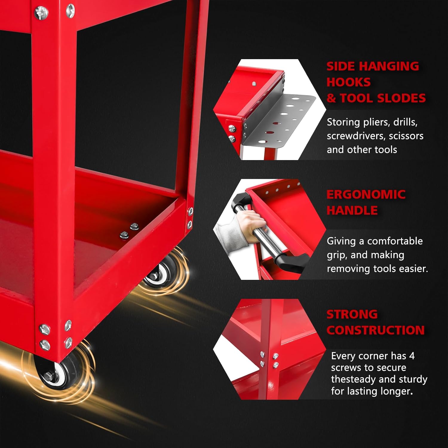 YATOINTO 3-Tier Rolling Tool Cart, Metal Rolling Cart with Side Hooks Wheels, 330LBS Heavy Duty Utility Carts, Handle Rolling Mechanic Tool Cart Storage Organizer for Warehouse Garage