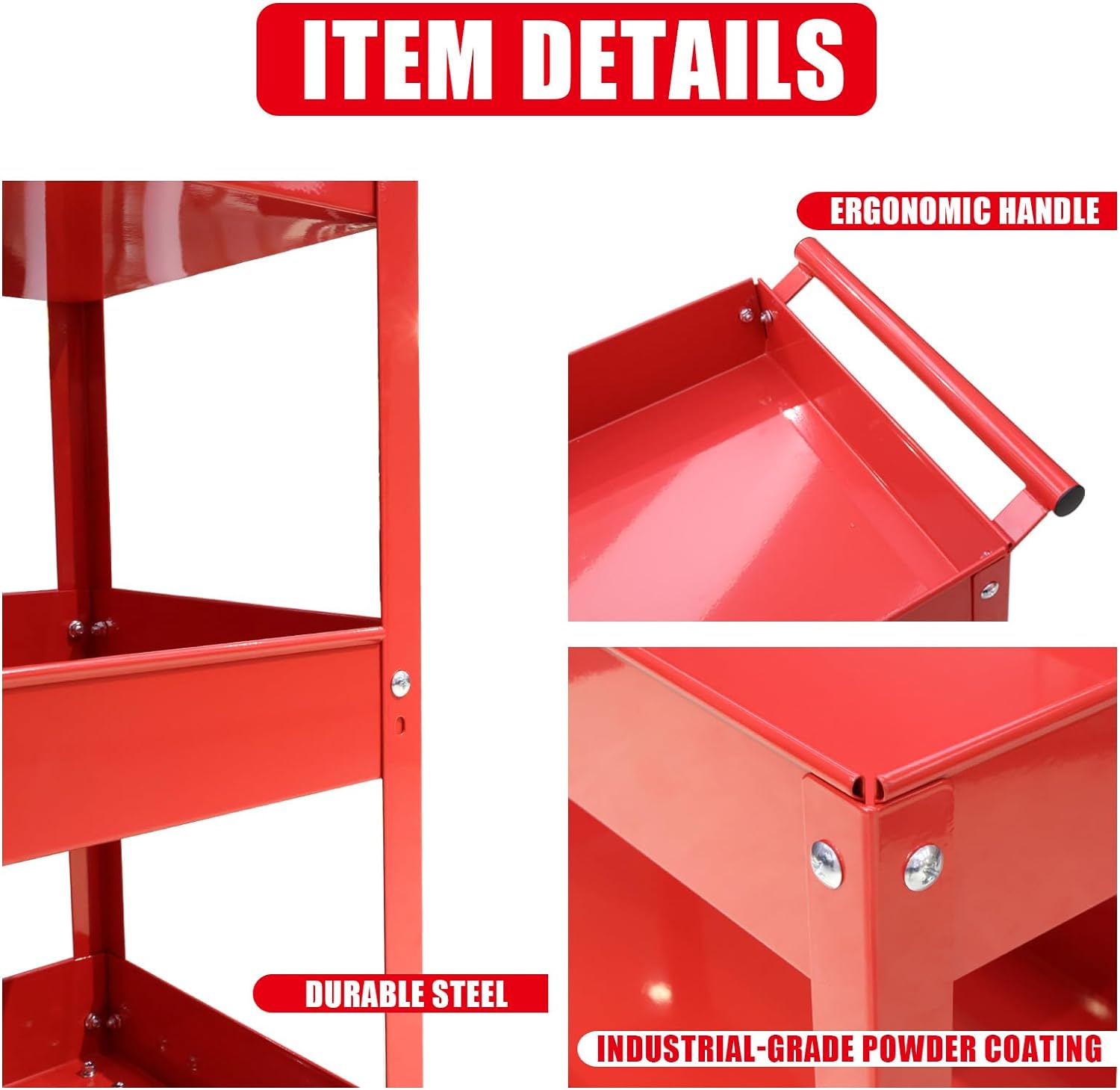 BIG RED Steel Rolling Service Tool Cart with 3 Tires , Heavy Duty Utility Cart on Wheels with Two Brake for Office，Kitchen，warehouse,400 lbs Capacity,Red