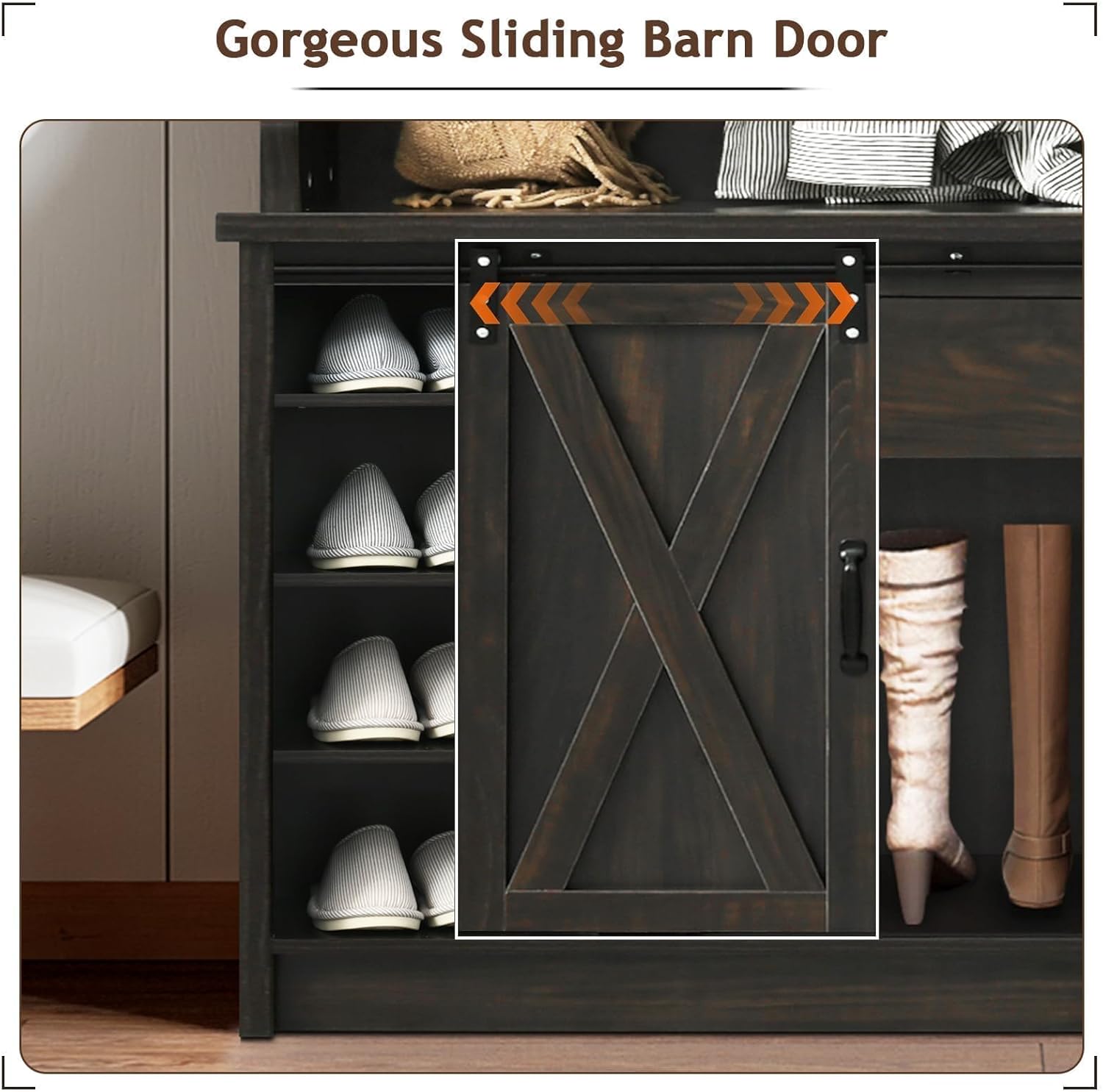 4ever2buy Farmhouse Hall Tree with Bench 5-in-1 Entryway Bench with Coat Rack with Sliding Barn Doors Entryway Coat Rack with Shoe Storage Dark Oak