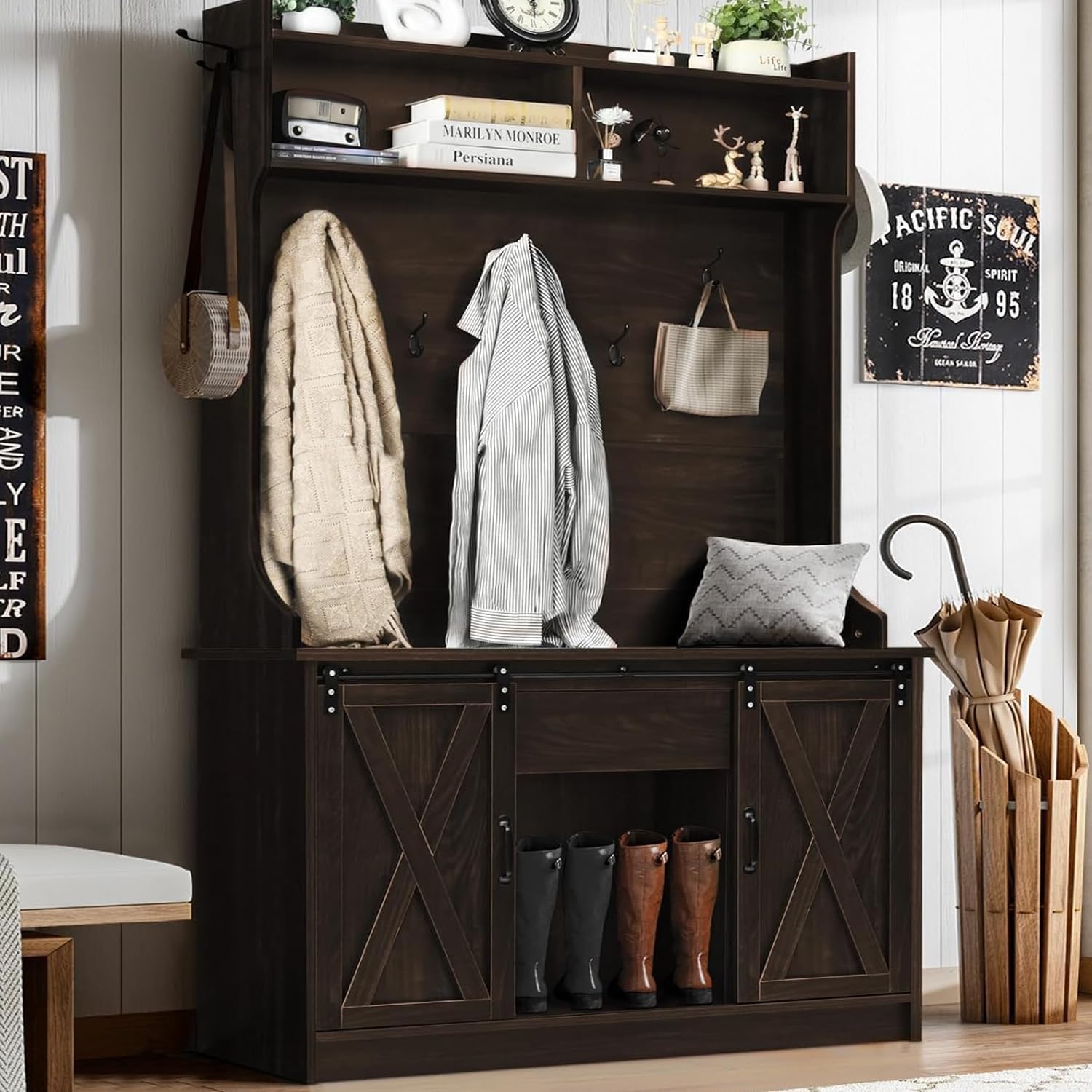 4ever2buy Farmhouse Hall Tree with Bench 5-in-1 Entryway Bench with Coat Rack with Sliding Barn Doors Entryway Coat Rack with Shoe Storage Dark Oak
