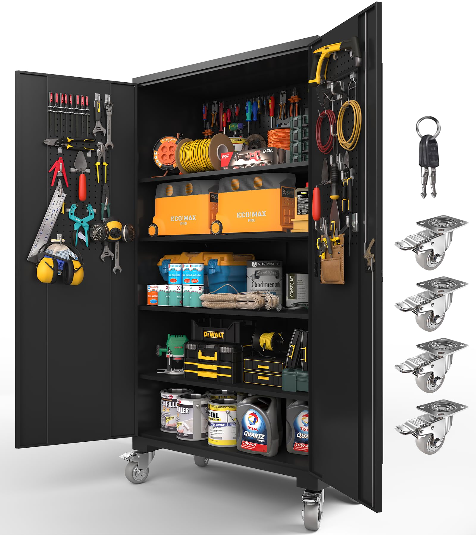 Upgraded Tall & Wide Metal Storage Cabinet with Doors & 4 Adjustable Shelves | Heavy-Duty Black Lockable Garage Cabinet with Wheels & Pegboard for Office, Gym, Basement, Warehouse (White)