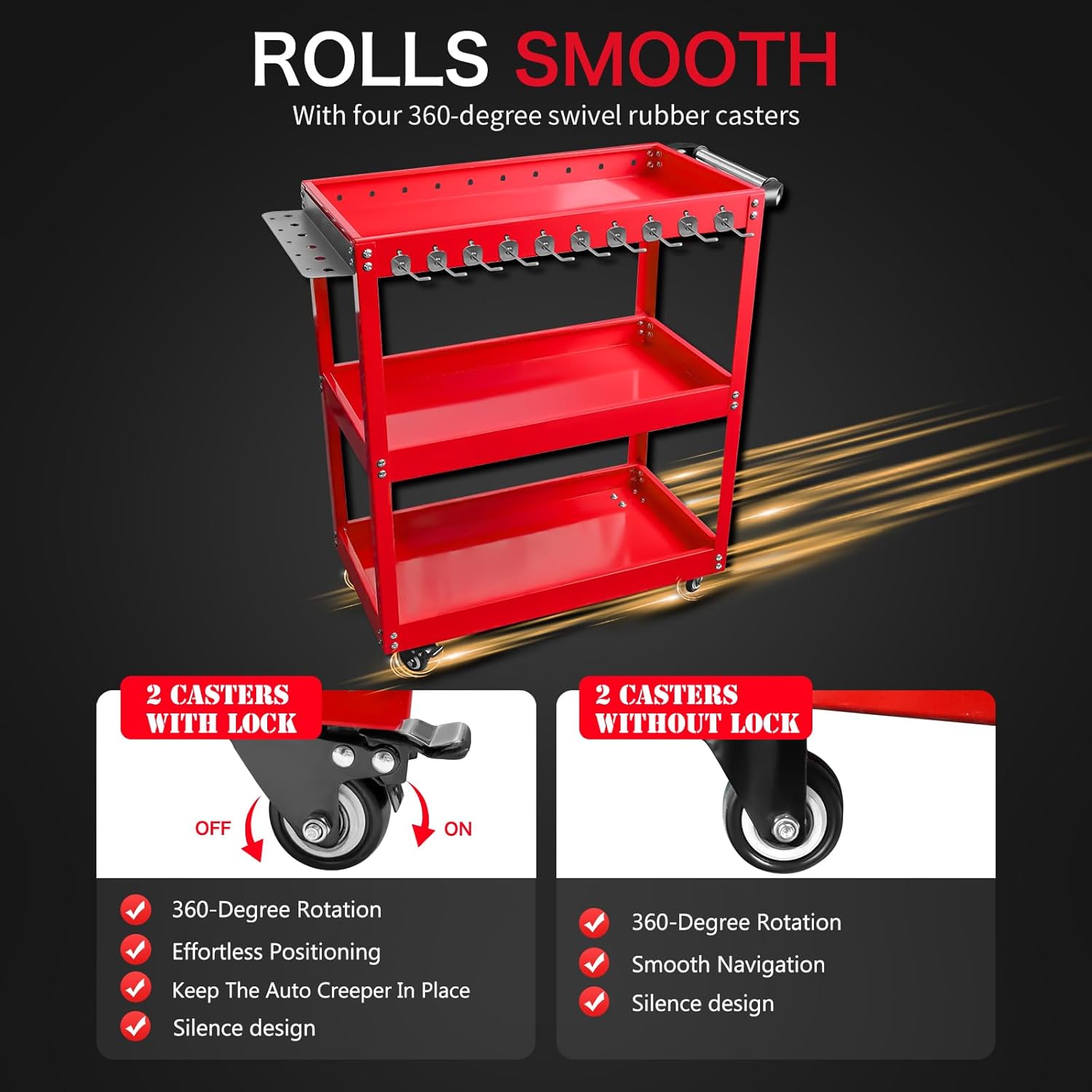 YATOINTO 3-Tier Rolling Tool Cart, Metal Rolling Cart with Side Hooks Wheels, 330LBS Heavy Duty Utility Carts, Handle Rolling Mechanic Tool Cart Storage Organizer for Warehouse Garage