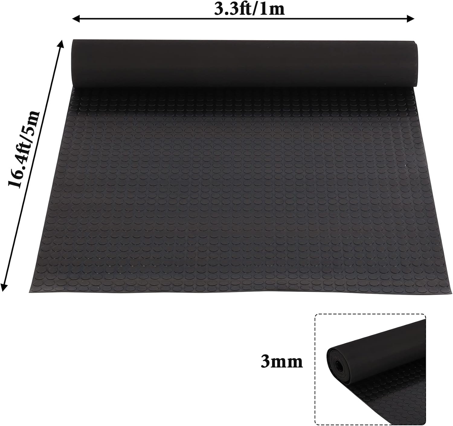 Baoz Garage Floor Rubber Mat 16.4x3.3ft Anti-Slip Rubber Floor Protector Heavy Duty Coin-Grip Rubber Flooring Rolls Parking Mats for Industry Garage Home Gym, 3mm Thick Black