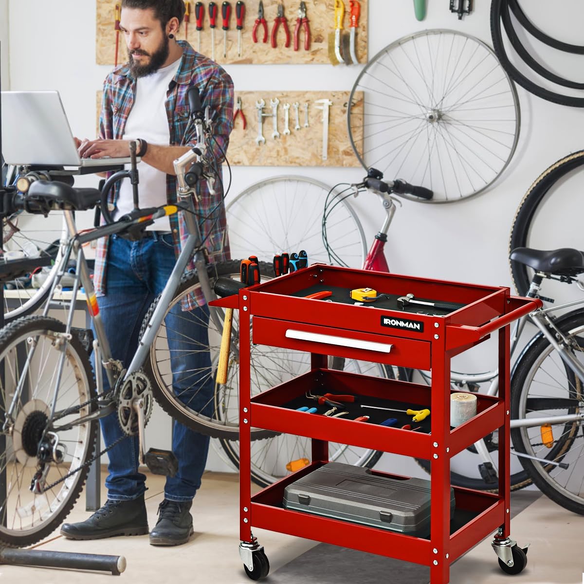 IRONMAX 3 Tier Tool Chest, Heavy Duty Industrial Utility Service Cart with Drawer & Wheels, Rolling Mechanic Tool Box Organizer for Garage Warehouse Workshop Repair Shop Office, 330 LBS Capacity (Red)