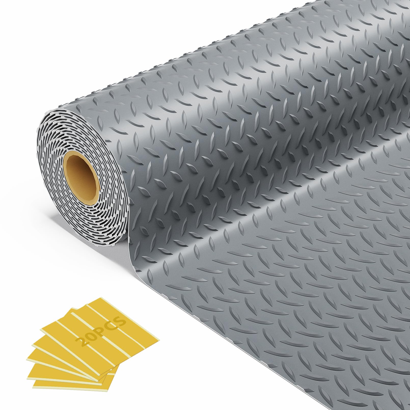 8x25 FT Garage Floor Mat, 2.8mm Thickened Flooring Roll for Under Car Diamond Plate PVC Rubber Mat with 20 Pcs Tapes, Non-Slip Floor Mat for Garage, Warehouse, Gyms, Trailer, Black