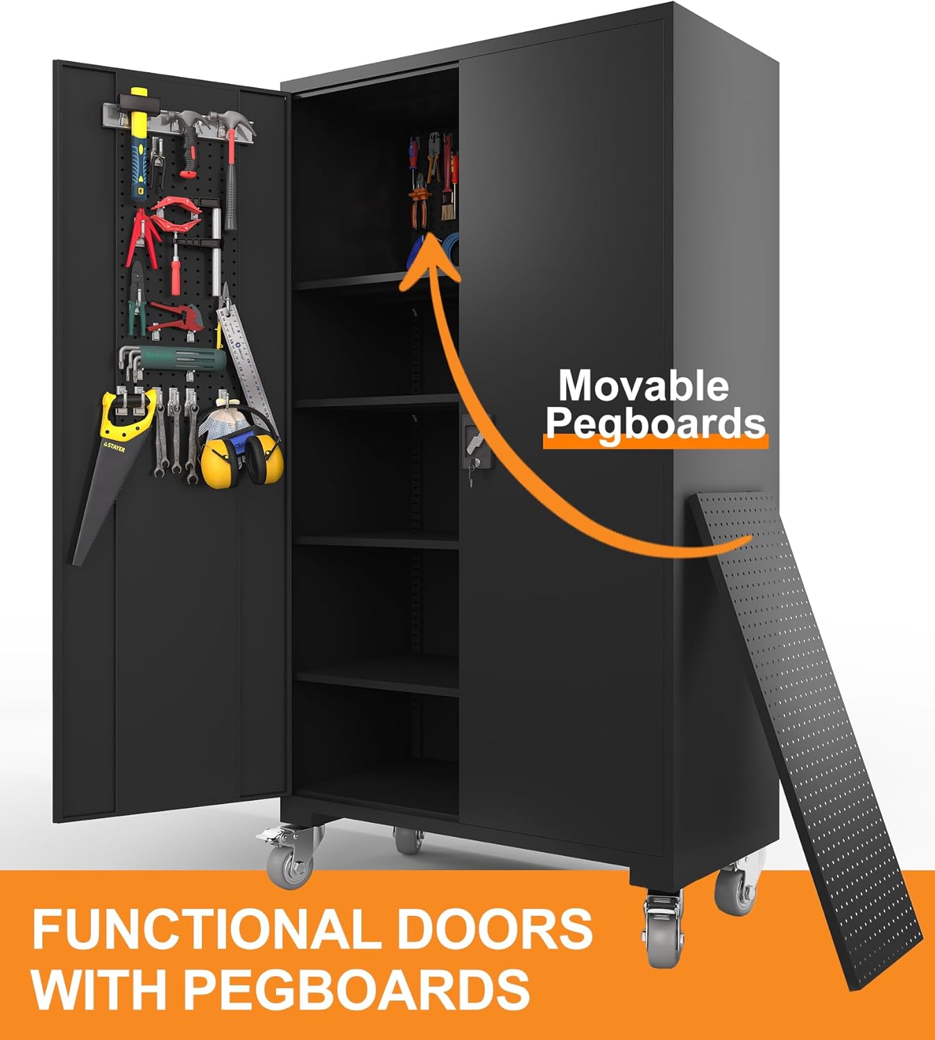 Large Metal Cabinet Two Lockable Doors Four Wheels,Four Adjustable dividers can be Used as Tool File Storage Suitable for garages Schools Gyms Offices