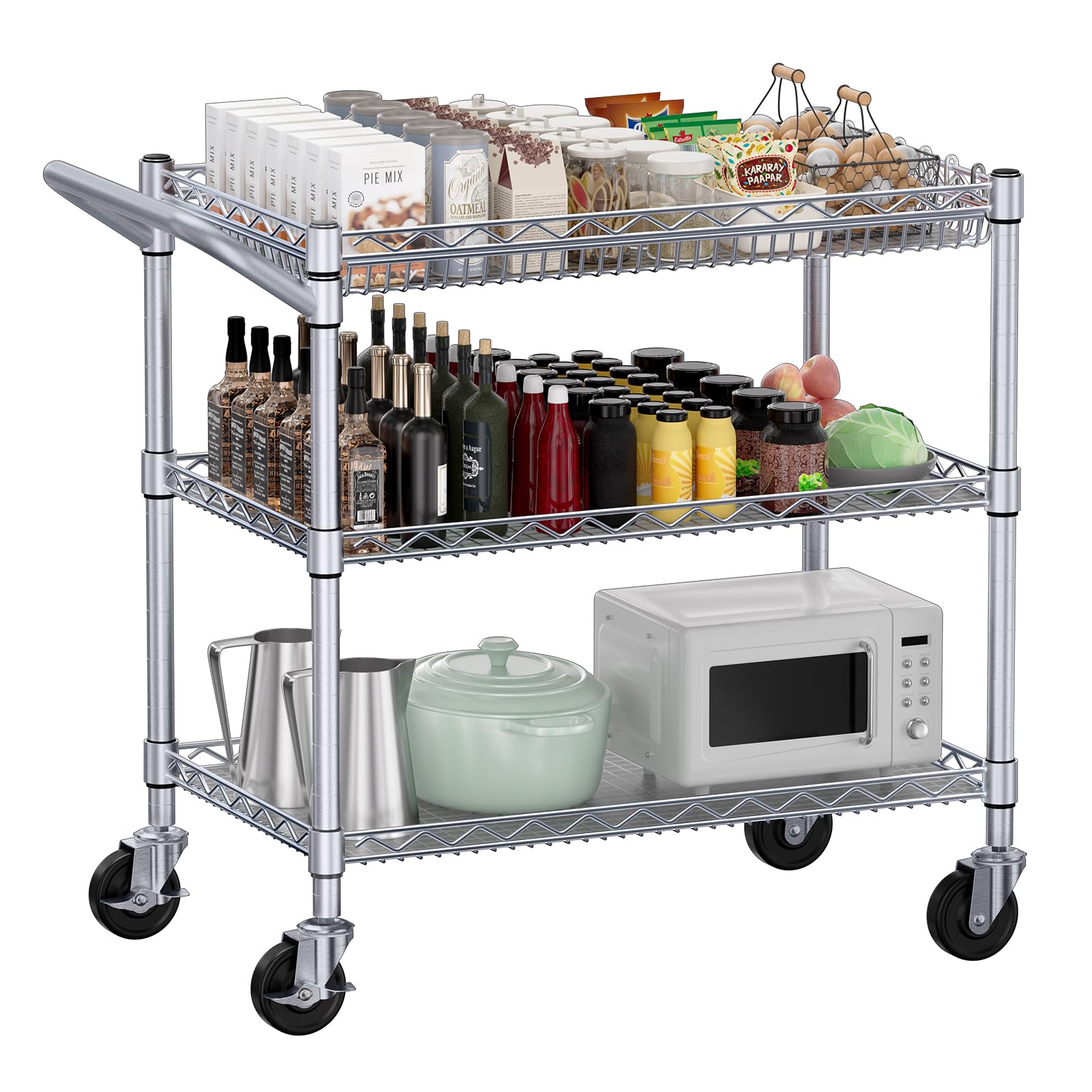 WDT 680Lbs Capacity Heavy Duty Rolling Utility Cart,2 Tier Rolling Carts with Wheels,Commercial Grade Metal Cart with Handle Bar & Shelf Liner,Trolley Serving Cart for Restaurant,Kitchen,Black