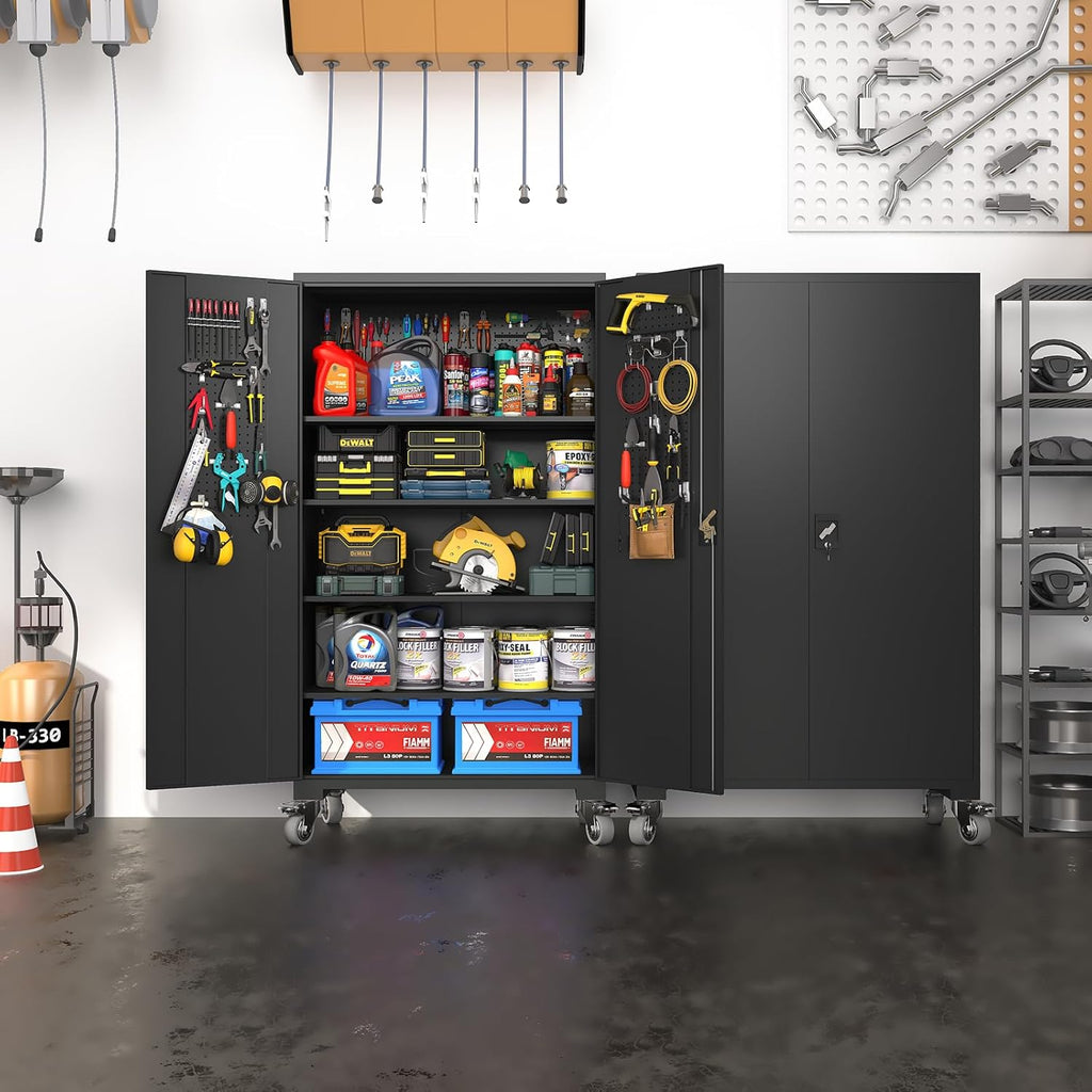 Large Metal Cabinet Two Lockable Doors Four Wheels,Four Adjustable dividers can be Used as Tool File Storage Suitable for garages Schools Gyms Offices