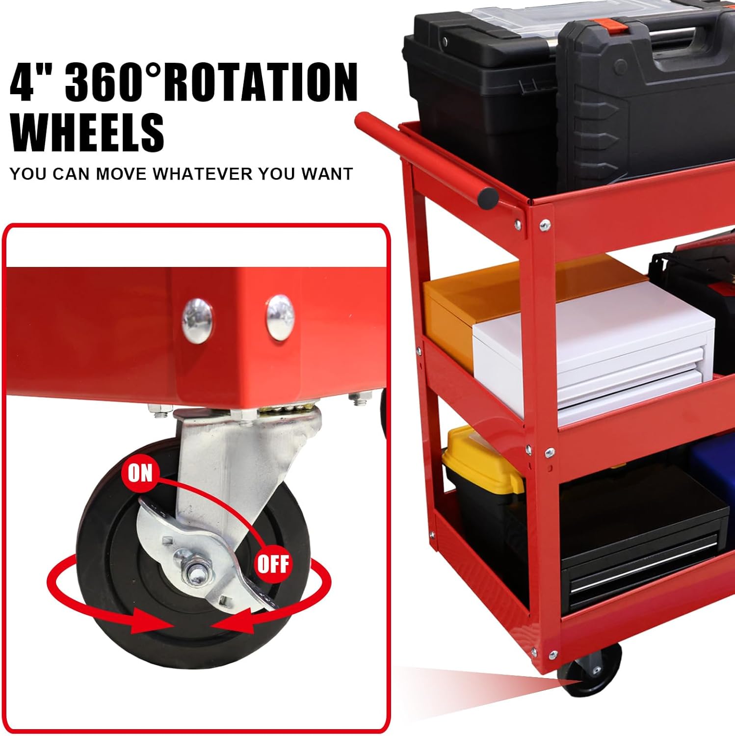 BIG RED Steel Rolling Service Tool Cart with 3 Tires , Heavy Duty Utility Cart on Wheels with Two Brake for Office，Kitchen，warehouse,400 lbs Capacity,Red