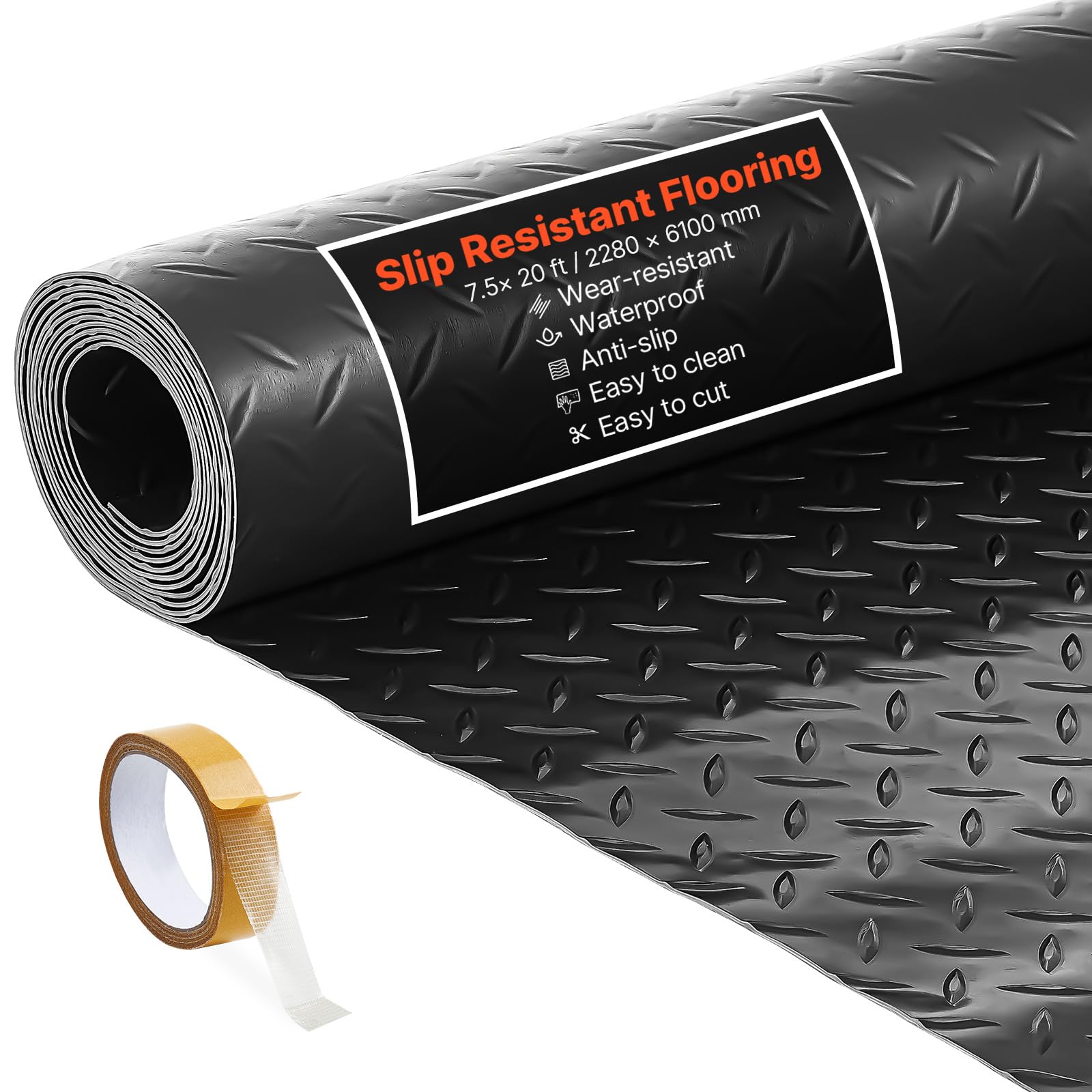 VEVOR Garage Floor Roll, 4 x 7 ft Garage Flooring Mat, 2.2 mm Thickened PVC Diamond Plate Floor Protector Mat with Double-Sided Tape, Non-Slip, Easy to Clean for Warehouse, Gyms, Trailer, Black
