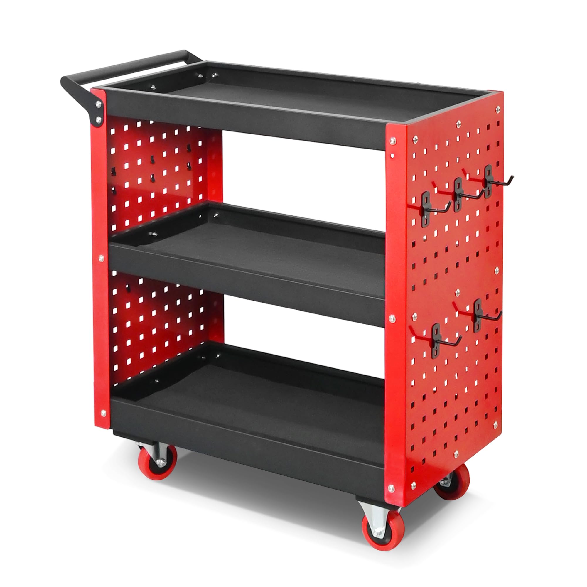 3 Tier Tool Cart on Wheels, Heavy Duty Metal Rolling with Drawers and Pegboards, 660 LBS Load Capacity Tool Storage Cart, Industrial Utility for Garage, Warehouse, Workshop
