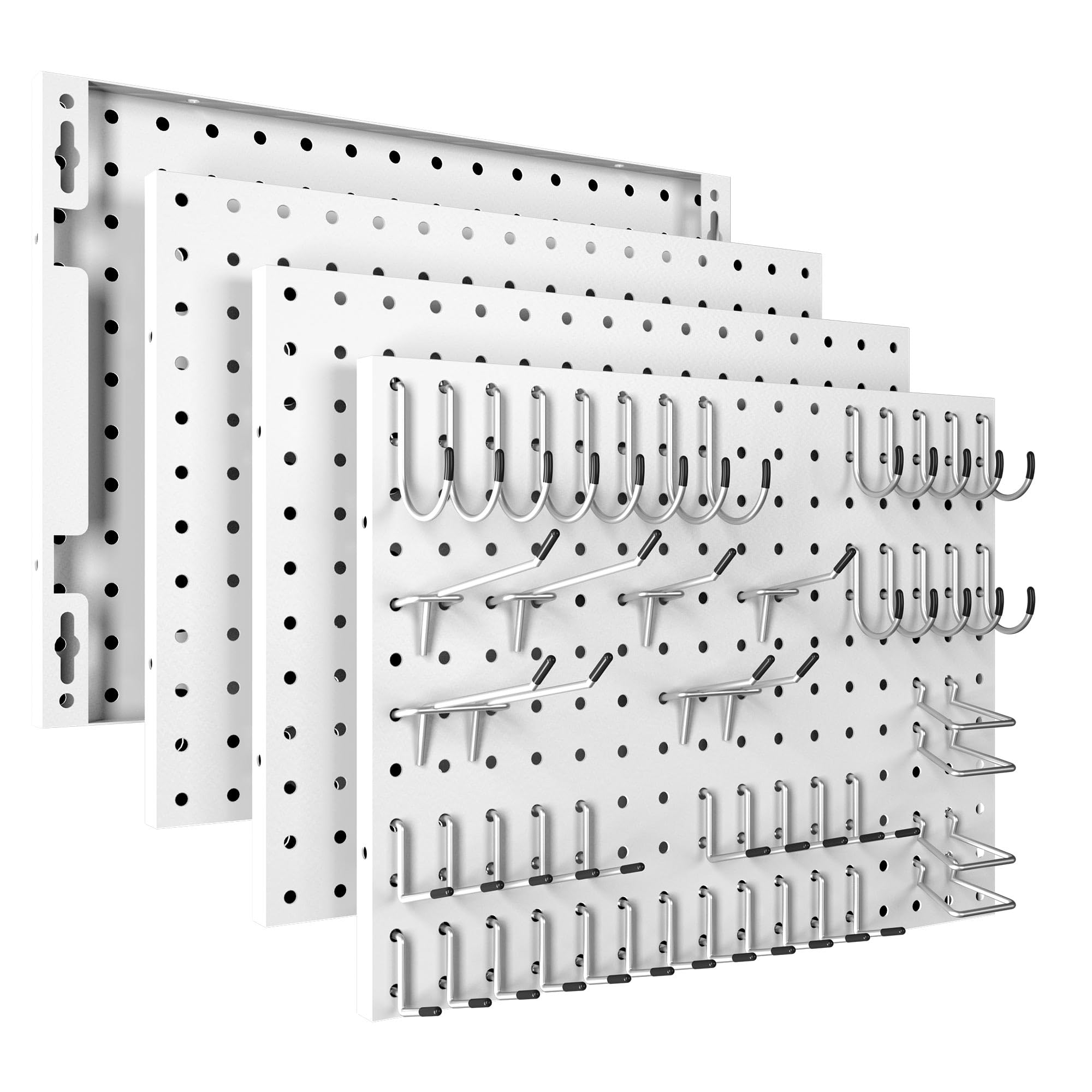 Spampur Peg Board, 4 Pack Metal Pegboard Panels with 50 Hooks, Black Pegboards Wall Organizer, Heavy Duty Peg Board for Walls Home, Garage Tool Storage, Office Organization, Craft Room, Kitchen