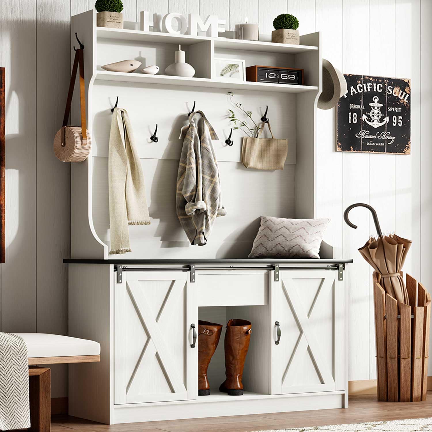 4ever2buy Farmhouse Hall Tree with Bench 5-in-1 Entryway Bench with Coat Rack with Sliding Barn Doors Entryway Coat Rack with Shoe Storage Dark Oak