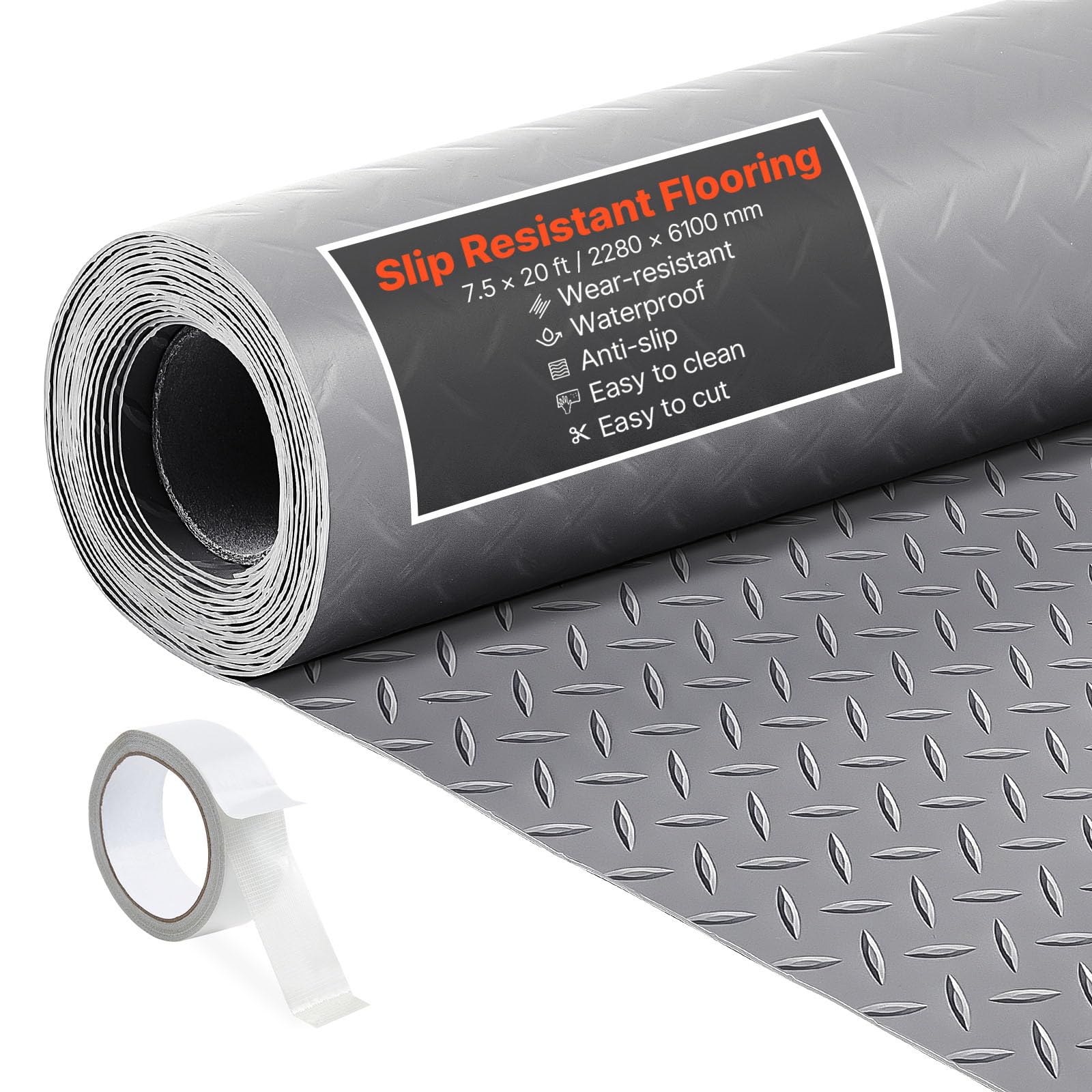 VEVOR Garage Floor Roll, 4 x 7 ft Garage Flooring Mat, 2.2 mm Thickened PVC Diamond Plate Floor Protector Mat with Double-Sided Tape, Non-Slip, Easy to Clean for Warehouse, Gyms, Trailer, Black