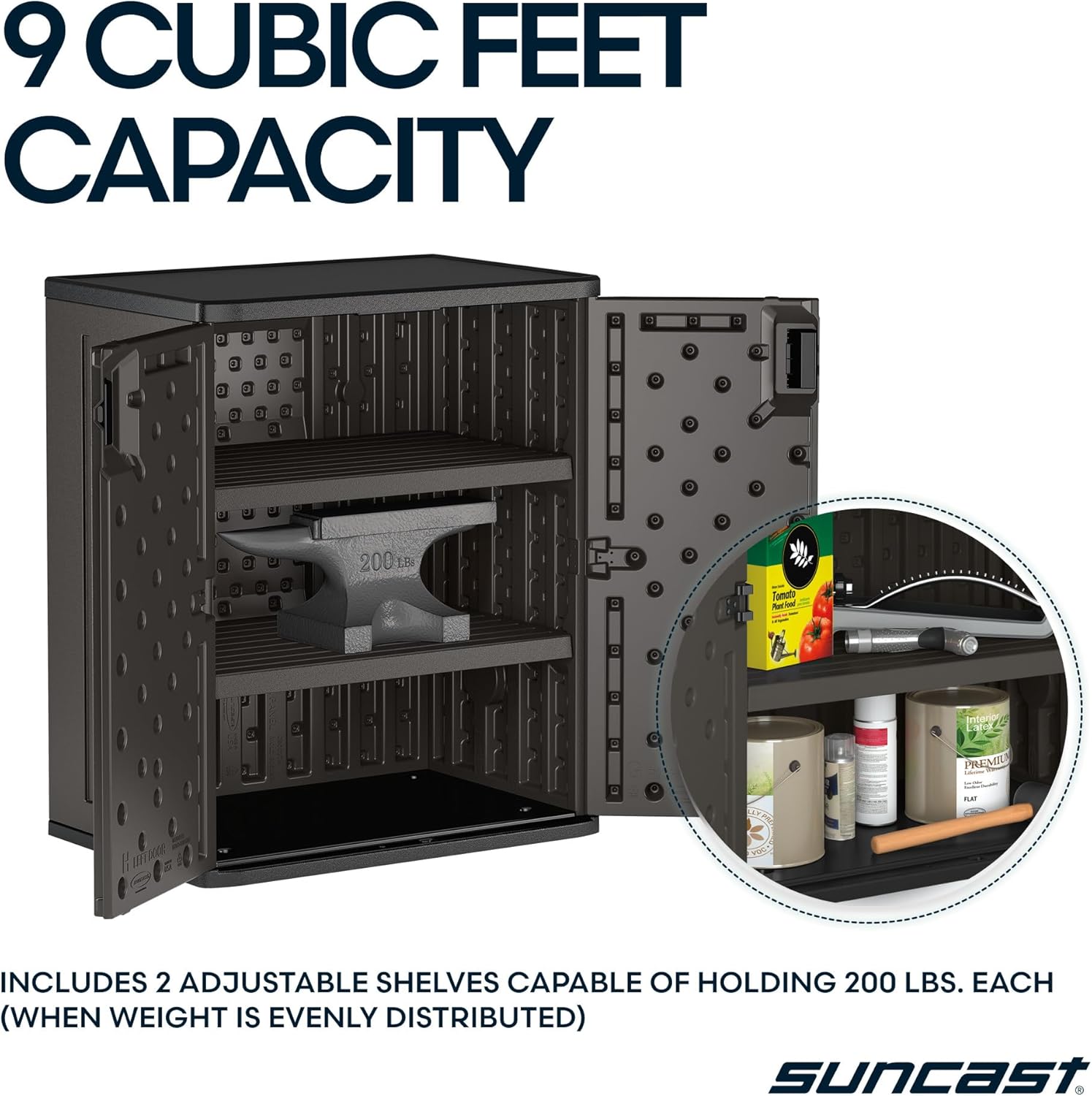Suncast Heavy-Duty Resin Outdoor Storage Cabinet, 30" W x 20.25" D x 36" H Dark Grey Base Garage Storage Cabinet with Lockable Doors and Metal Reinforced Shelves, Made in The USA