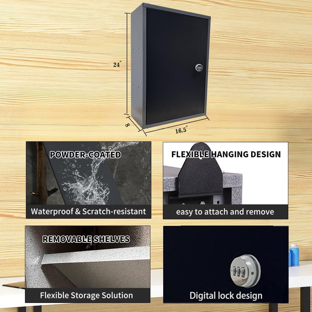 JZD Metal Wall Cabinet with Digital Lock, Two Removable Shelves, for Garage Utility Room, 16.5"*8"*24"