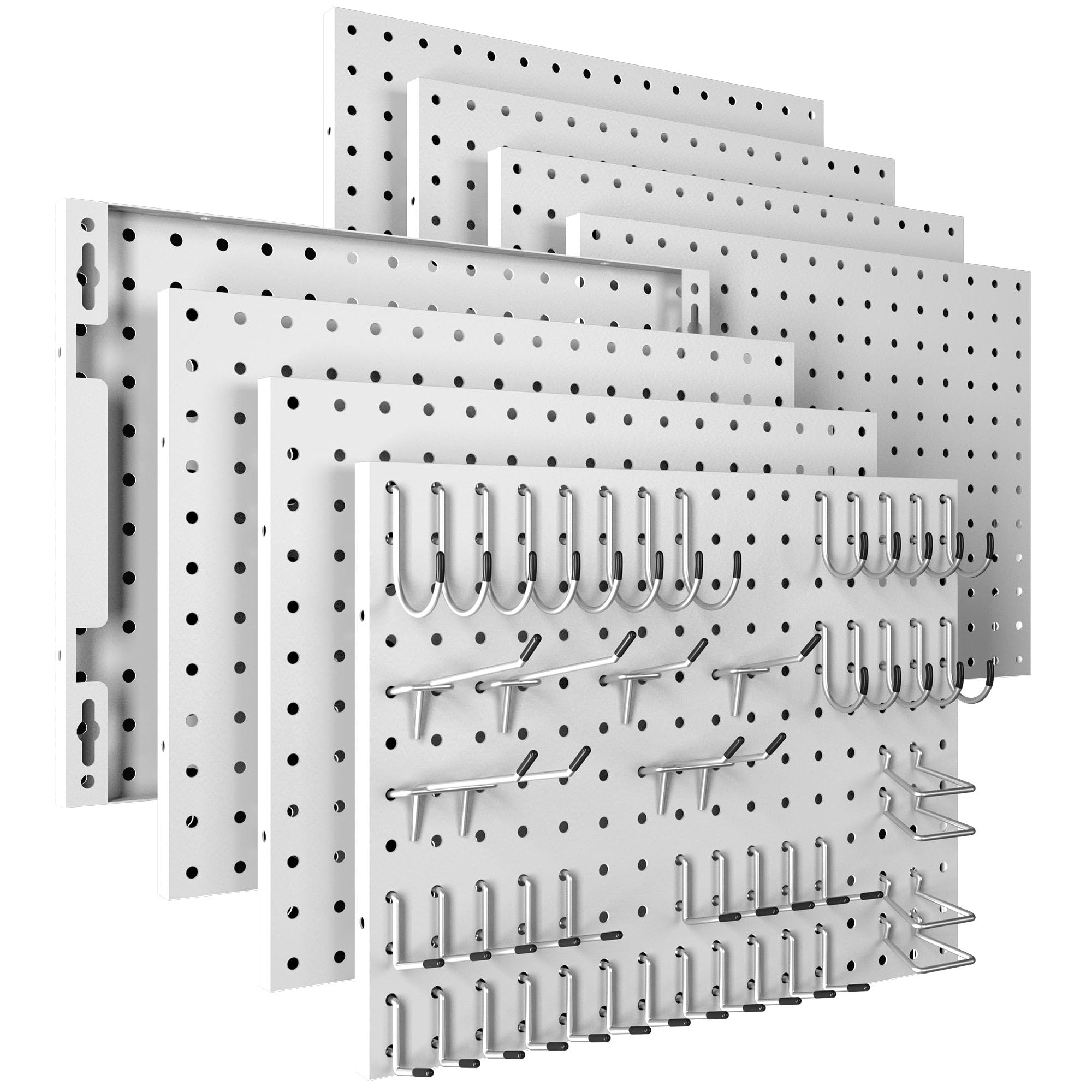 Spampur Peg Board, 4 Pack Metal Pegboard Panels with 50 Hooks, Black Pegboards Wall Organizer, Heavy Duty Peg Board for Walls Home, Garage Tool Storage, Office Organization, Craft Room, Kitchen