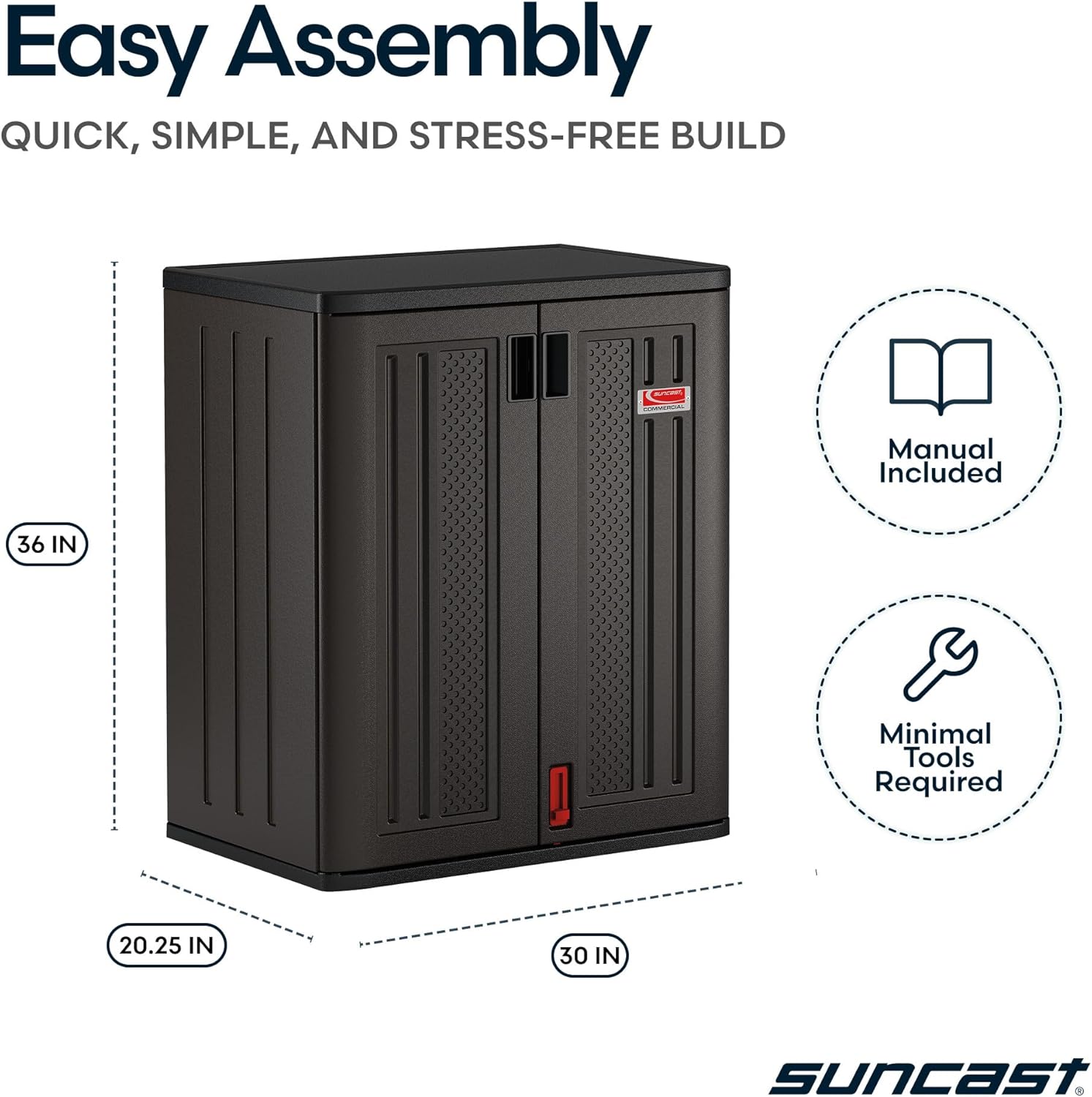 Suncast Heavy-Duty Resin Outdoor Storage Cabinet, 30" W x 20.25" D x 36" H Dark Grey Base Garage Storage Cabinet with Lockable Doors and Metal Reinforced Shelves, Made in The USA