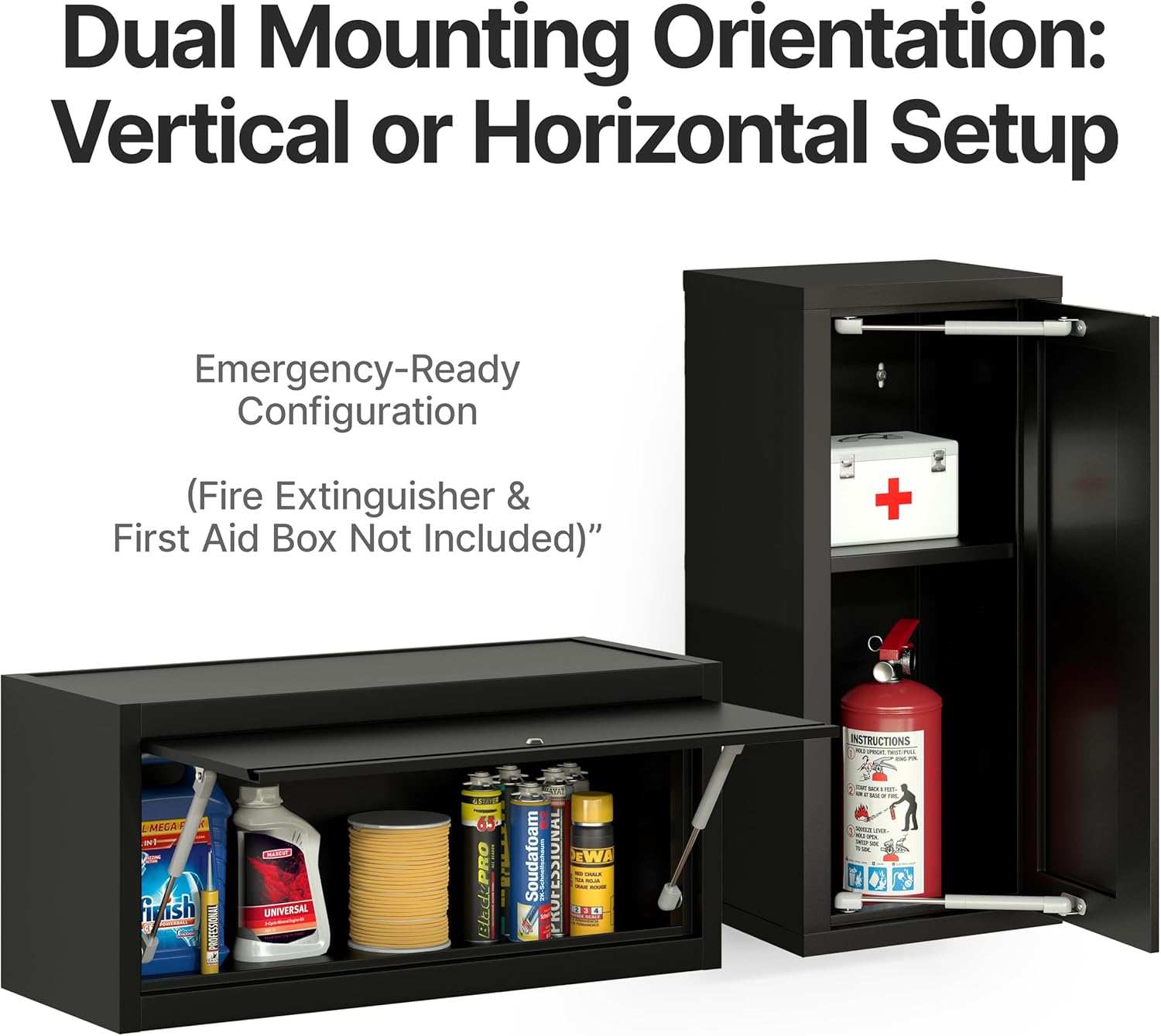 Heavy Duty Metal Wall Cabinet, Wall Mounted Garage Storage Cabinet, Lockable Steel Floating Cabinet with Adjustable Shelf, Black Wall Mount Storage Organizer, Vertical or Horizontal Mounting