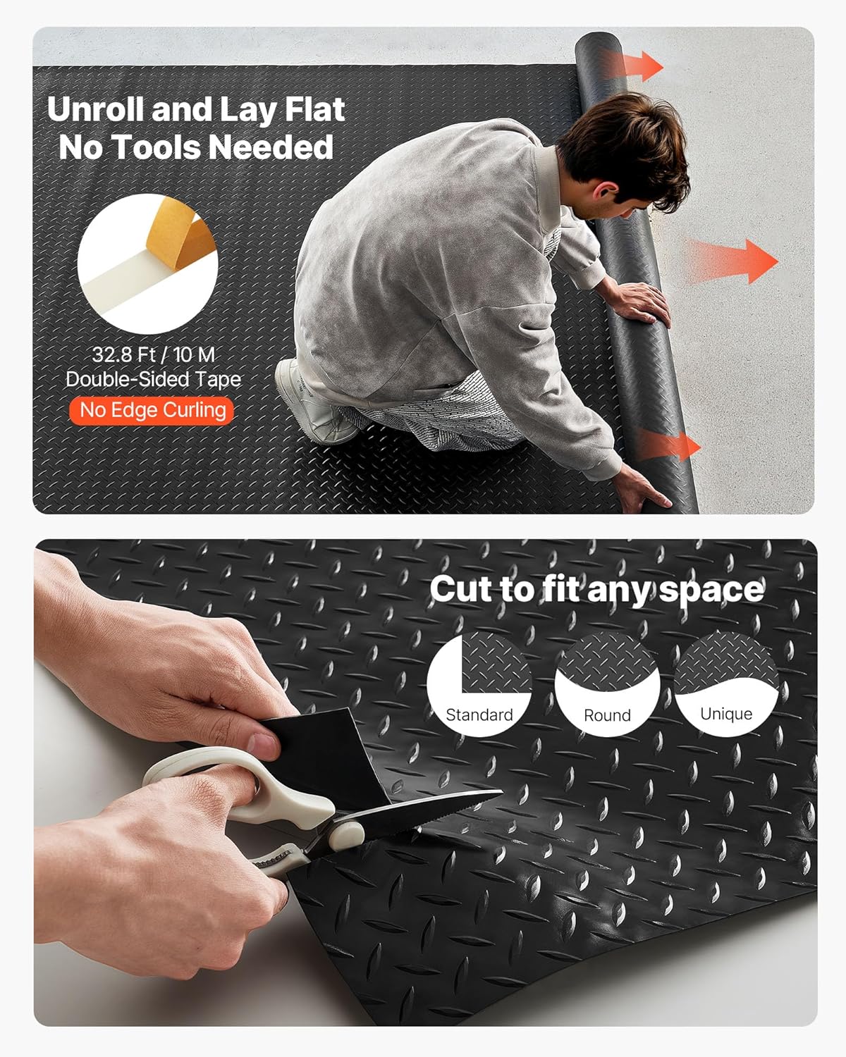 VEVOR Garage Floor Roll, 4 x 7 ft Garage Flooring Mat, 2.2 mm Thickened PVC Diamond Plate Floor Protector Mat with Double-Sided Tape, Non-Slip, Easy to Clean for Warehouse, Gyms, Trailer, Black