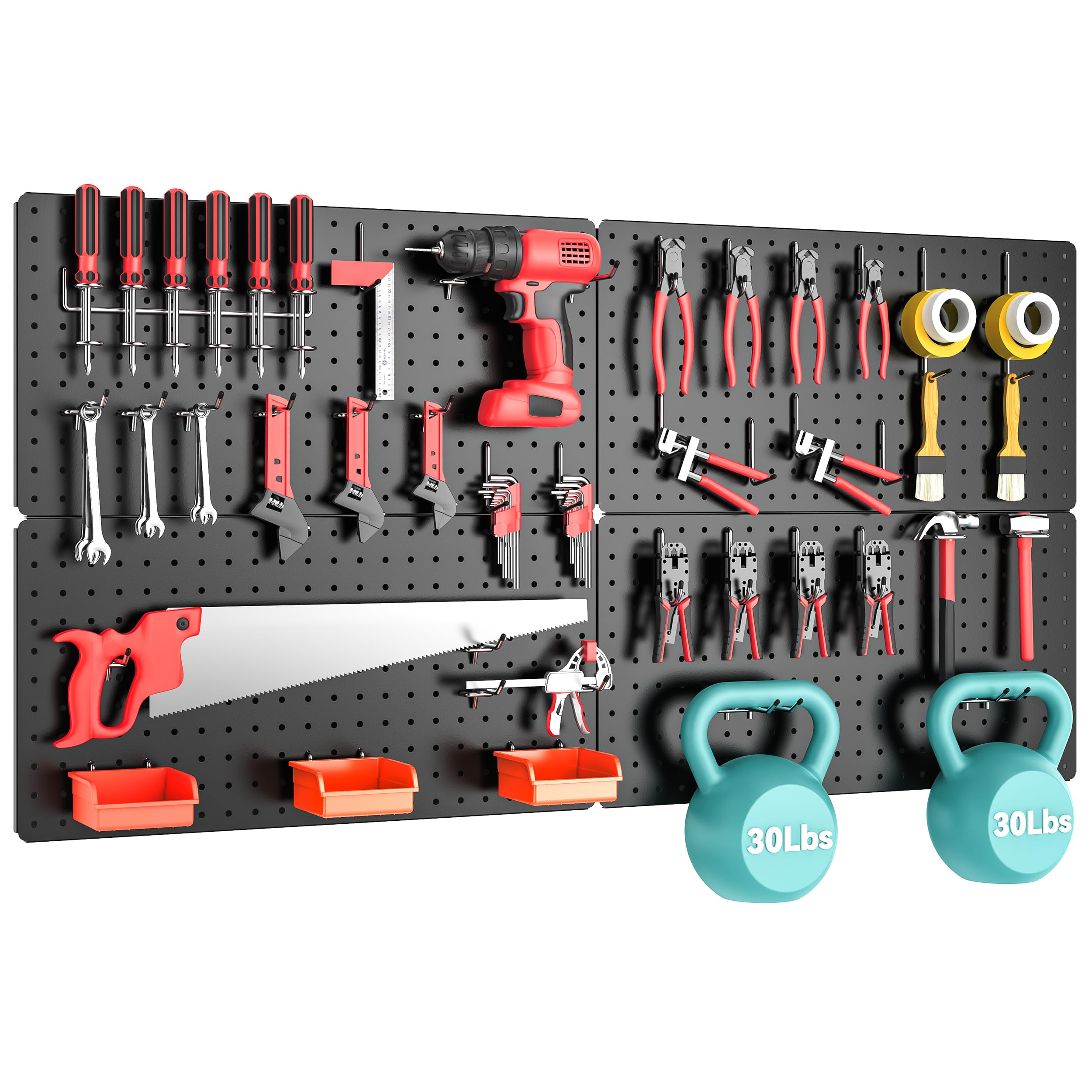 Peg Board, 110pcs Metal Pegboard Kit, Includes 4 Pack Black Peg Board Panels with Accessories and Hook Locks, Large Heavy Duty Peg Boards for Walls Home, Garage Tool Storage, Workbench