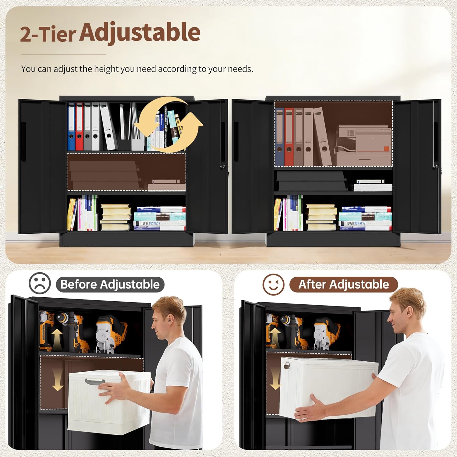 36" H Storage Cabinet with 2 Doors and 2 Adjustable Shelves, Garage Storage Cabinet with Lock, Metal Storage Cabinet, Locking Tool Cabinet Utility Cabinets for Home Office, Garage, Bathroom