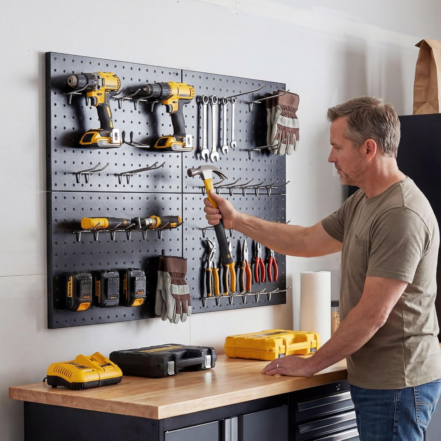 4 Pack Metal Pegboard Panels with 50 Hooks, Black Pegboard Wall Organizer, Pegboard Accessories, Heavy Duty Garage Tool Storage System for Workbench, Workshop, Office, Craft Room