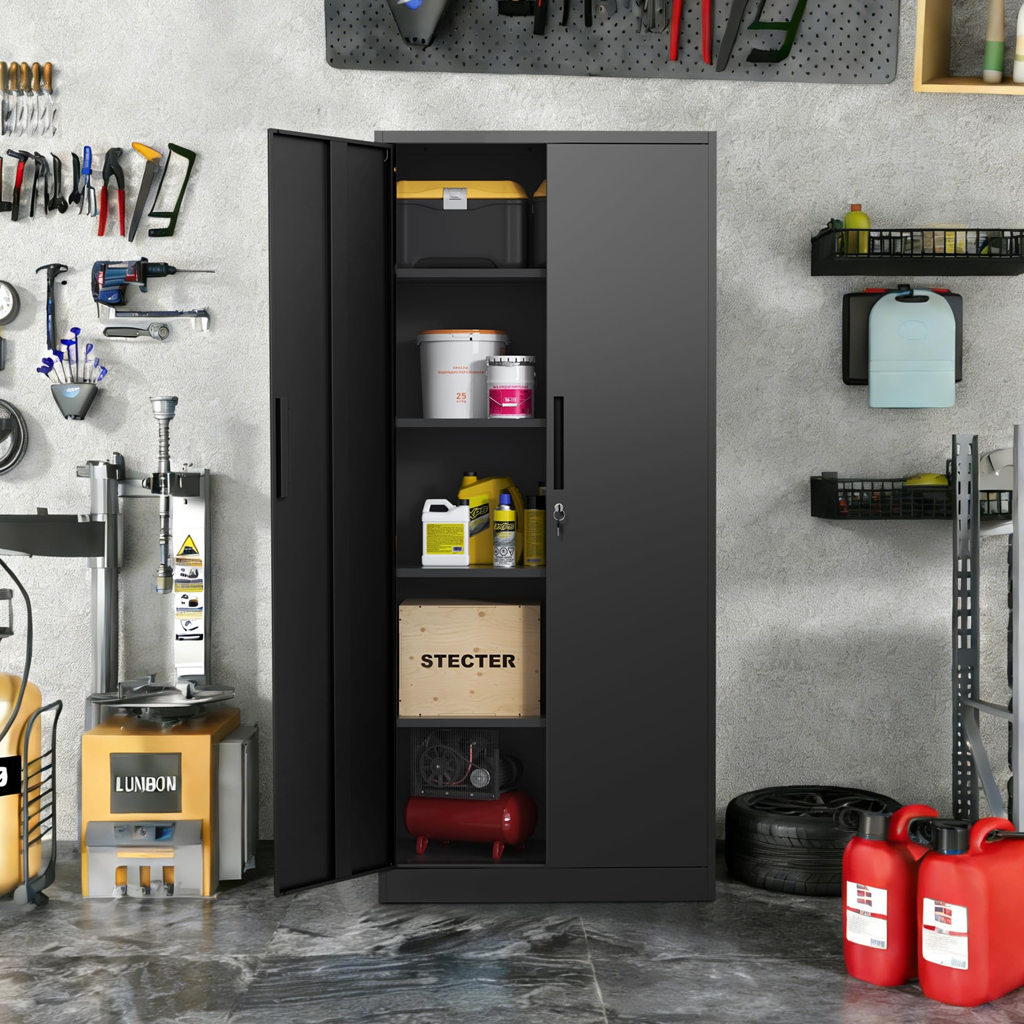 36" H Storage Cabinet with 2 Doors and 2 Adjustable Shelves, Garage Storage Cabinet with Lock, Metal Storage Cabinet, Locking Tool Cabinet Utility Cabinets for Home Office, Garage, Bathroom
