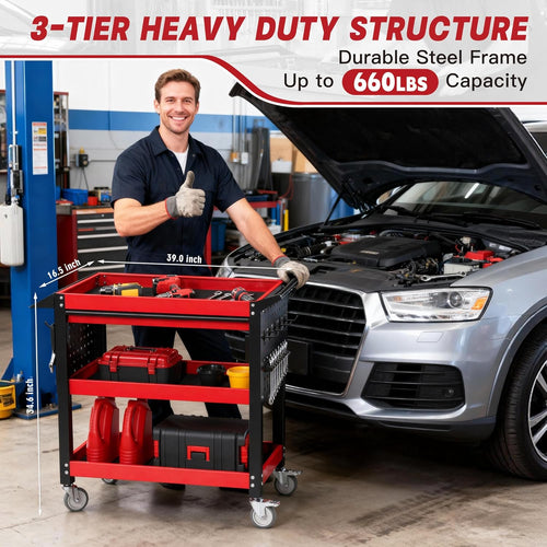 3 Tier Tool Cart on Wheels, Heavy Duty Metal Rolling with Drawers and Pegboards, 660 LBS Load Capacity Tool Storage Cart, Industrial Utility for Garage, Warehouse, Workshop