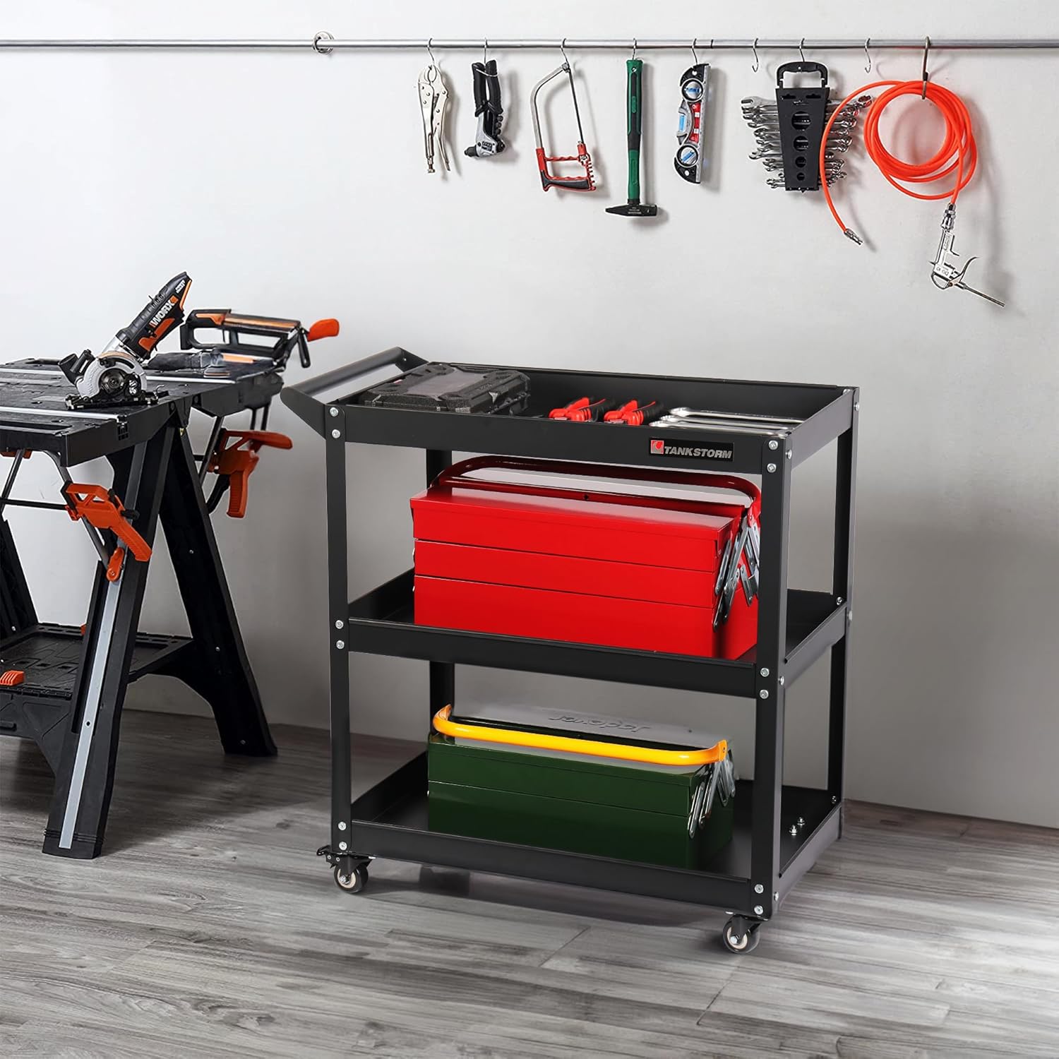 3 Tier Heavy Duty Rolling Tool Cart, Industrial Steel Service Cart for Garage, Workshop, Warehouse, 330LBS Capacity, Black Mechanics Tool Trolley with Wheels and Handle