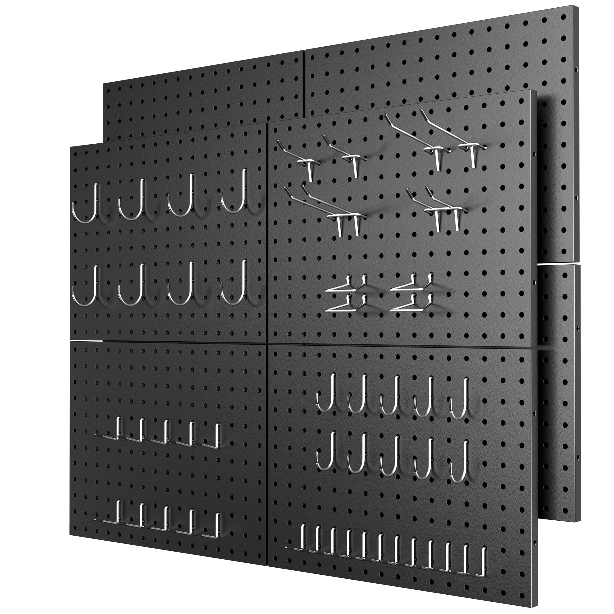4 Pack Metal Pegboard Panels with 50 Hooks, Black Pegboard Wall Organizer, Pegboard Accessories, Heavy Duty Garage Tool Storage System for Workbench, Workshop, Office, Craft Room