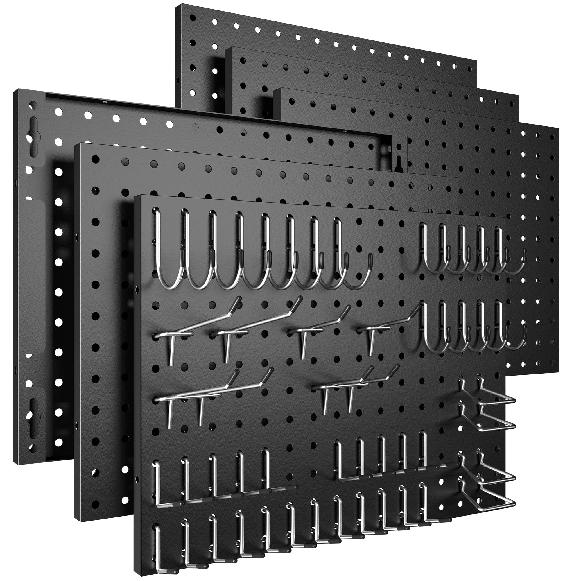 Spampur Peg Board, 4 Pack Metal Pegboard Panels with 50 Hooks, Black Pegboards Wall Organizer, Heavy Duty Peg Board for Walls Home, Garage Tool Storage, Office Organization, Craft Room, Kitchen