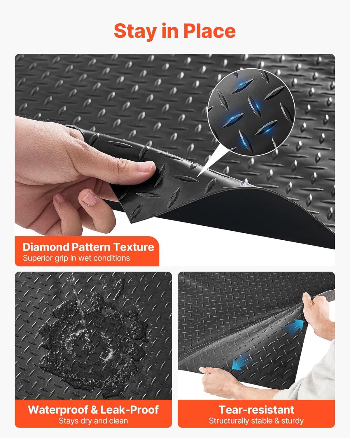 VEVOR Garage Floor Roll, 4 x 7 ft Garage Flooring Mat, 2.2 mm Thickened PVC Diamond Plate Floor Protector Mat with Double-Sided Tape, Non-Slip, Easy to Clean for Warehouse, Gyms, Trailer, Black