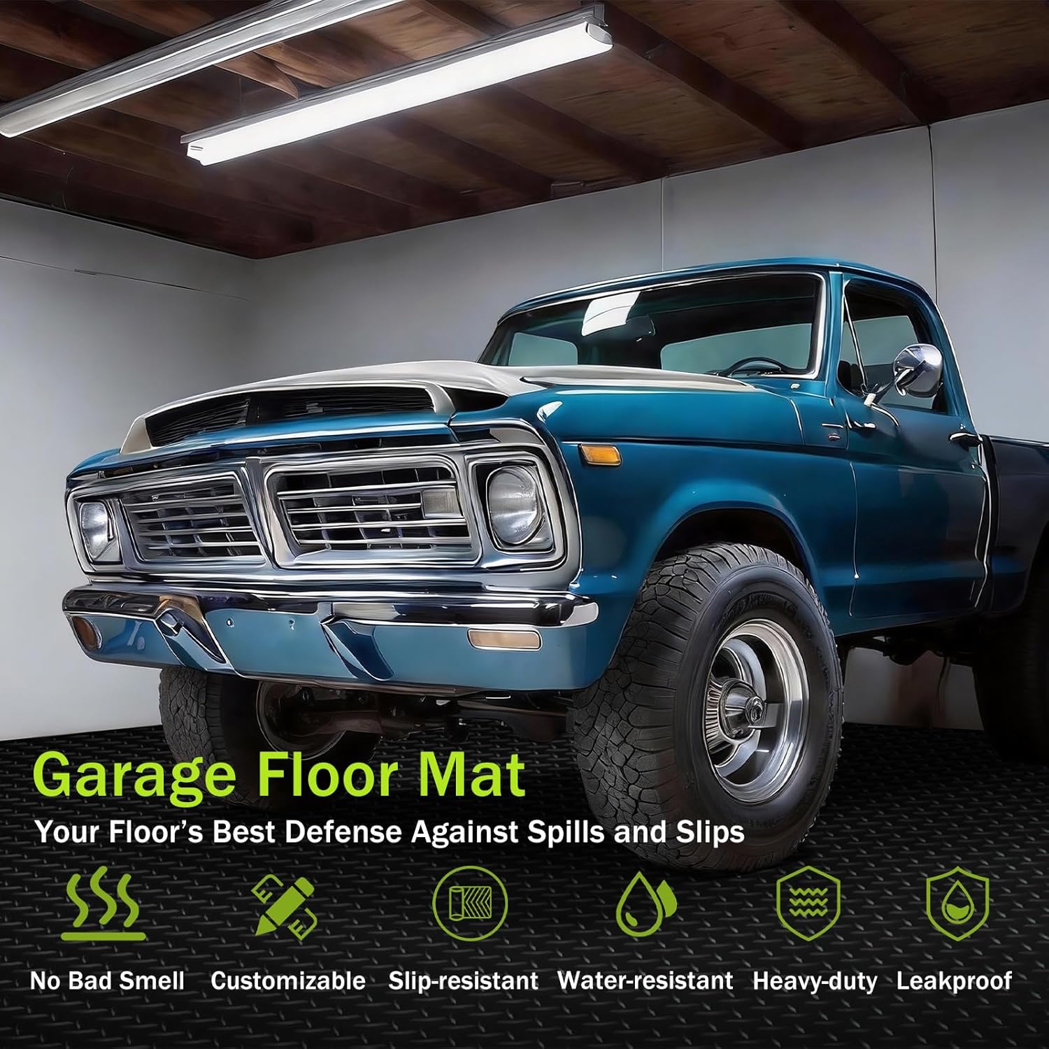 8x25 FT Garage Floor Mat, 2.8mm Thickened Flooring Roll for Under Car Diamond Plate PVC Rubber Mat with 20 Pcs Tapes, Non-Slip Floor Mat for Garage, Warehouse, Gyms, Trailer, Black