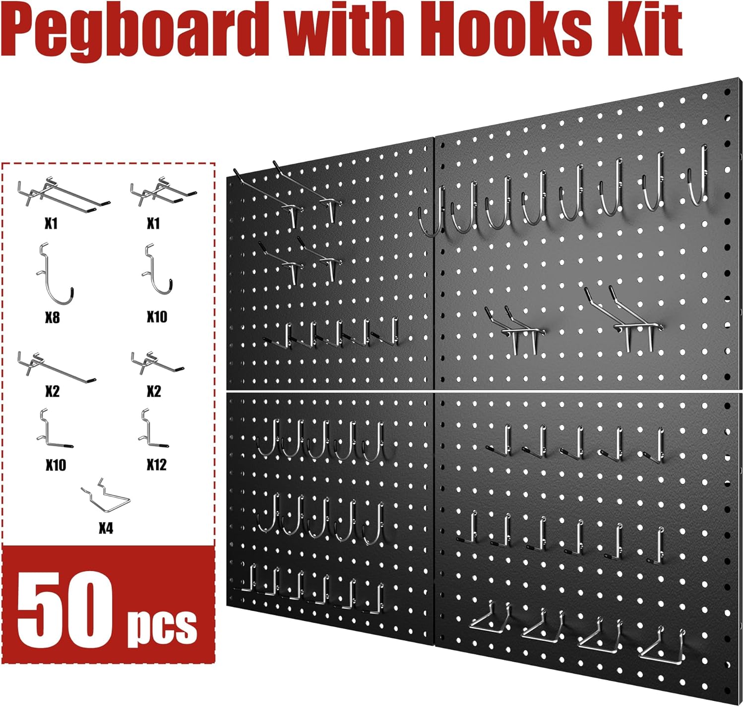 4 Pack Metal Pegboard Panels with 50 Hooks, Black Pegboard Wall Organizer, Pegboard Accessories, Heavy Duty Garage Tool Storage System for Workbench, Workshop, Office, Craft Room