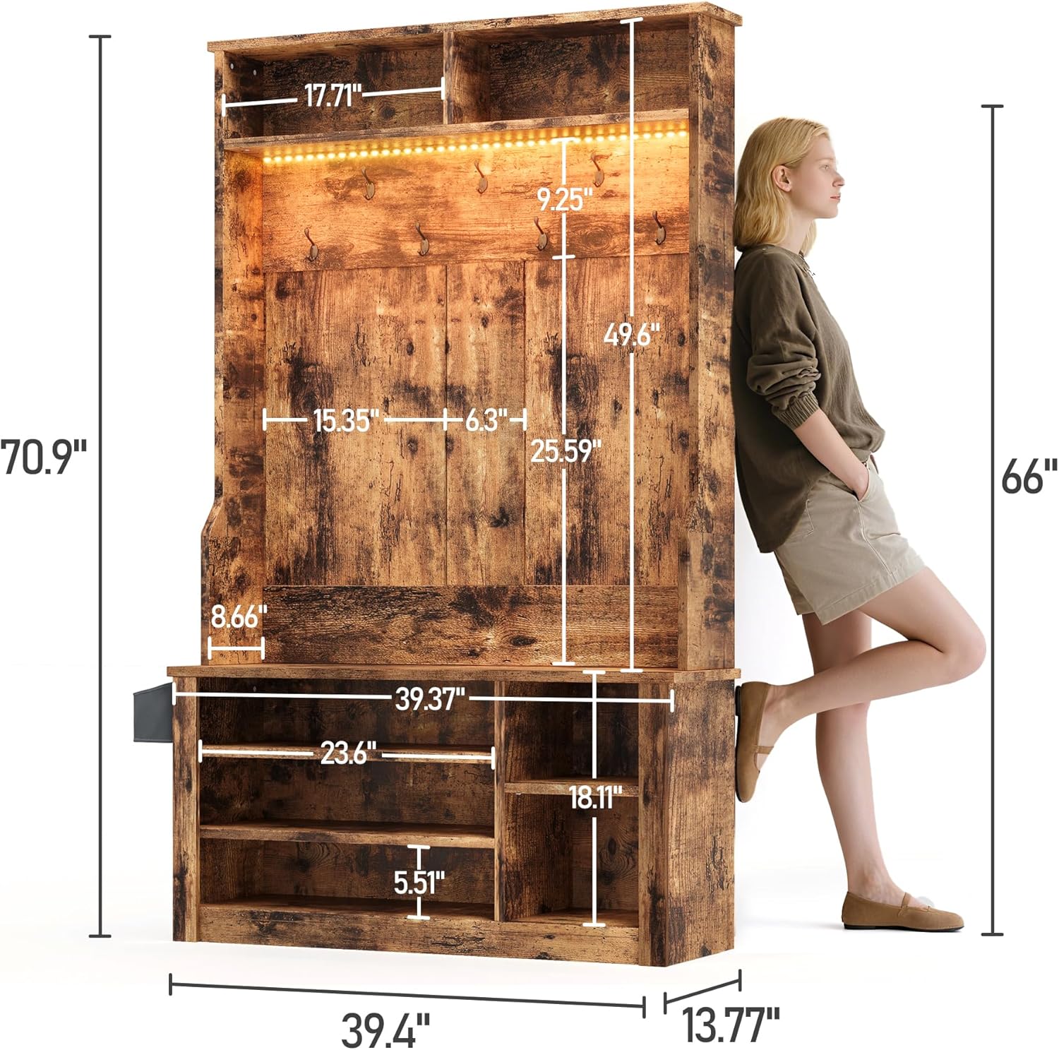 Aiho Hall Tree with Bench and Shoe Storage,5-in-1 Entryway Bench with Coat Rack, Adjustable LED Light, for Hallway, Living Room, Rustic Brown