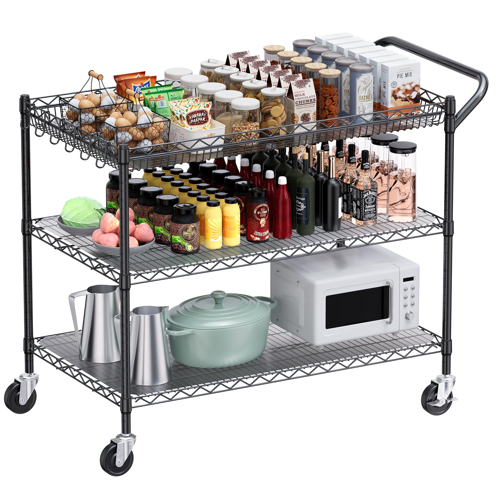 WDT 680Lbs Capacity Heavy Duty Rolling Utility Cart,2 Tier Rolling Carts with Wheels,Commercial Grade Metal Cart with Handle Bar & Shelf Liner,Trolley Serving Cart for Restaurant,Kitchen,Black