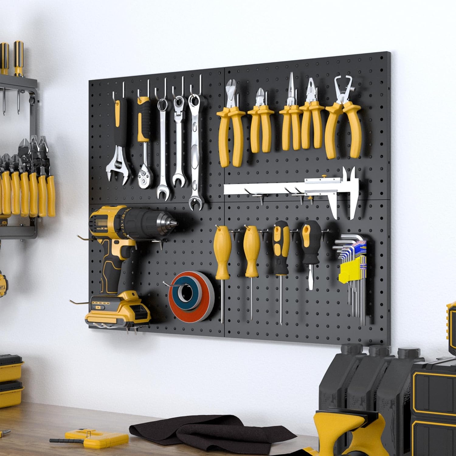Spampur Peg Board, 4 Pack Metal Pegboard Panels with 50 Hooks, Black Pegboards Wall Organizer, Heavy Duty Peg Board for Walls Home, Garage Tool Storage, Office Organization, Craft Room, Kitchen