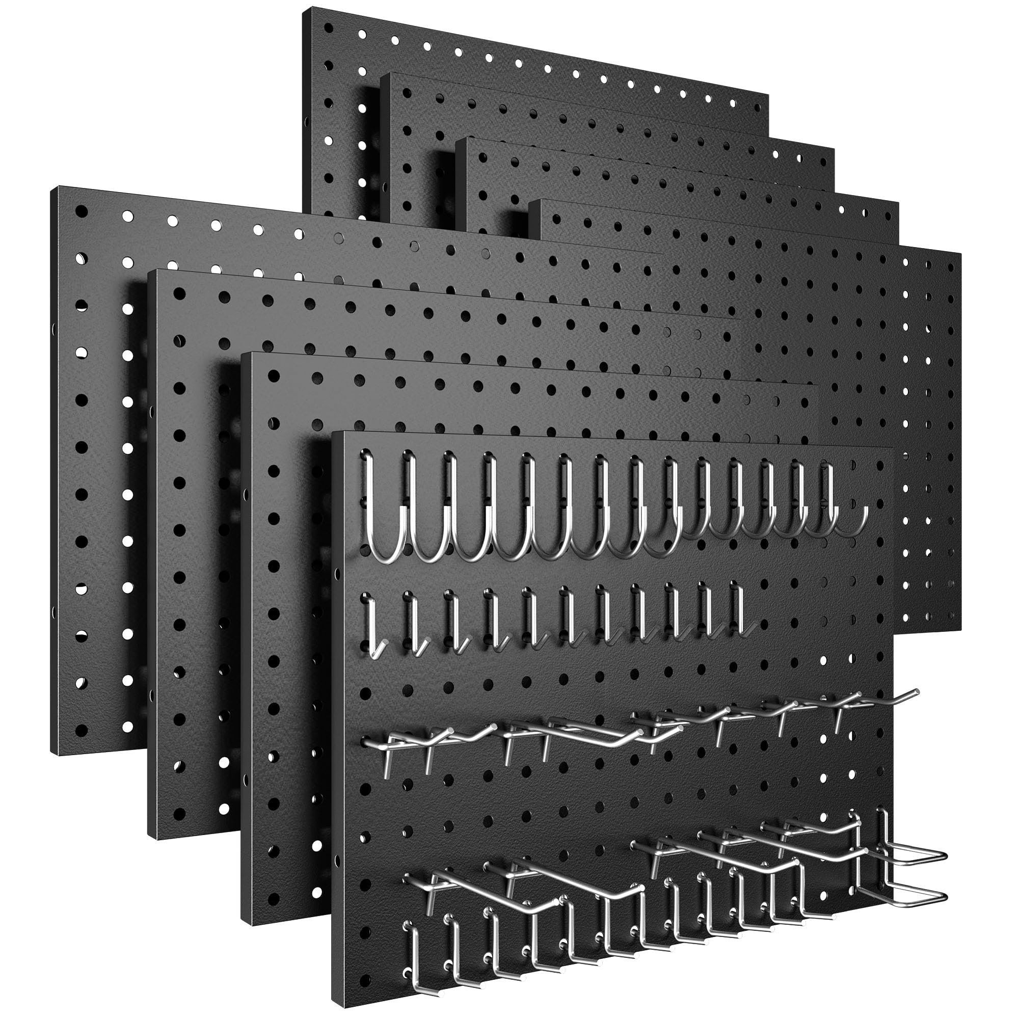 Spampur Peg Board, 4 Pack Metal Pegboard Panels with 50 Hooks, Black Pegboards Wall Organizer, Heavy Duty Peg Board for Walls Home, Garage Tool Storage, Office Organization, Craft Room, Kitchen
