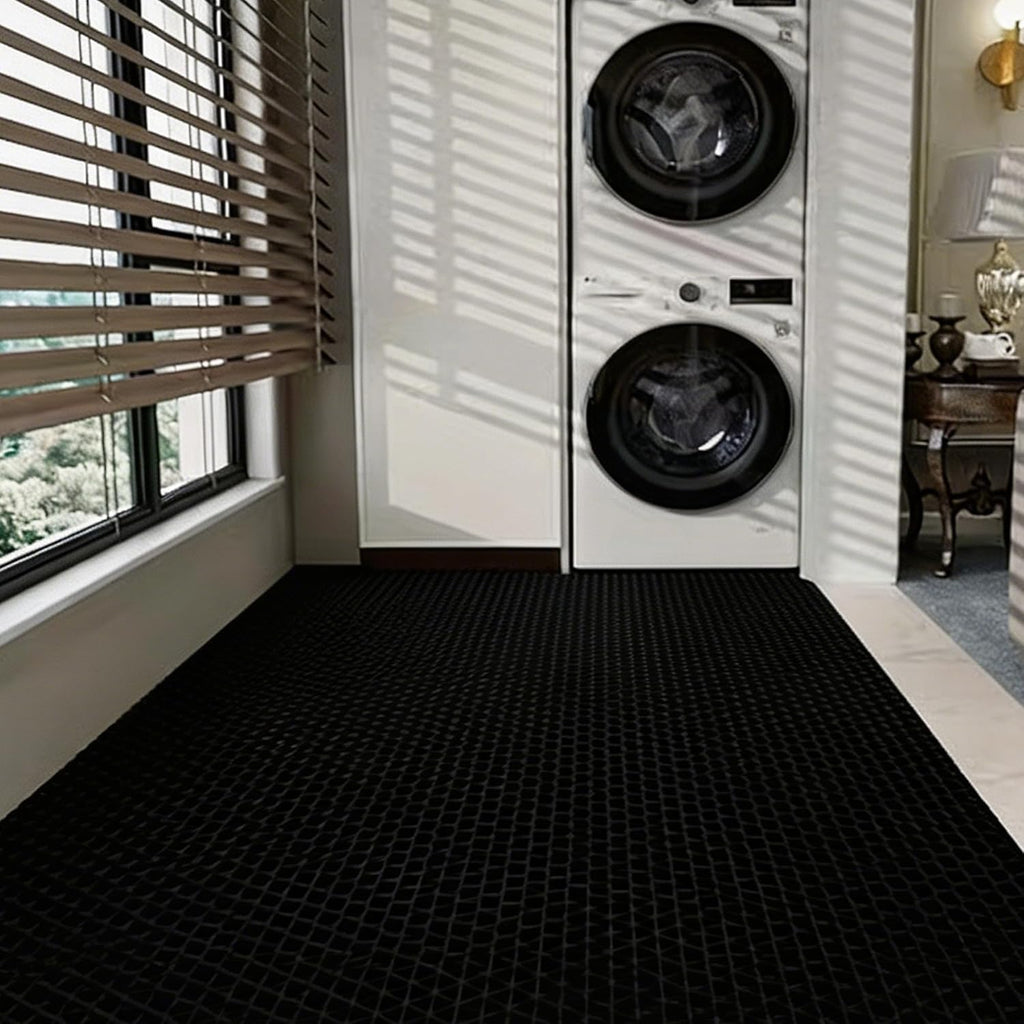 Commercial PVC Drainage Floor Mat Heavy Duty Non Slip Floor Matting with Drain Holes Wet Area Water Drain Flooring Mat for Bathroom Garage Swimming Pool Backyard Kitchen (Black, 3FTX16.4FT)
