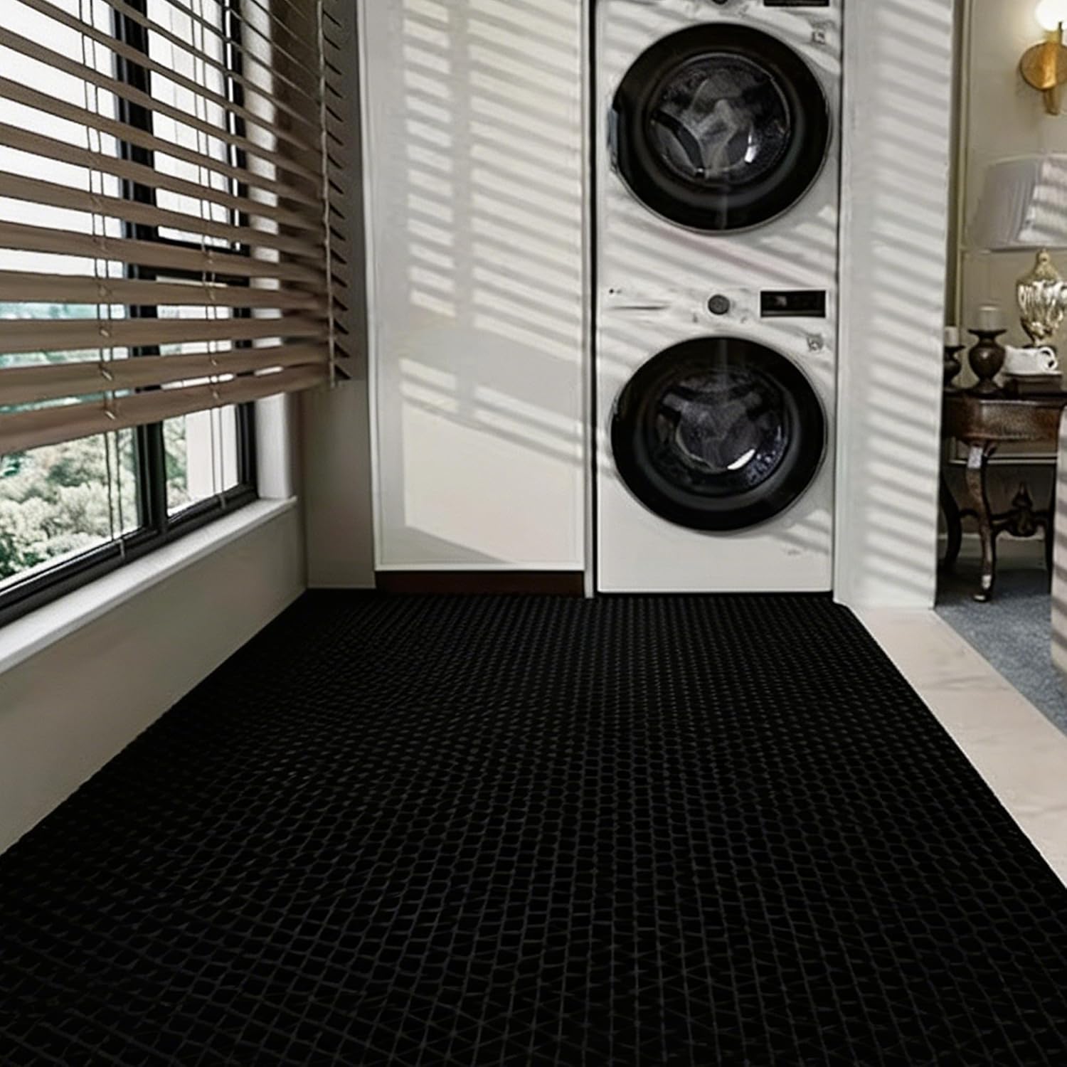 Commercial PVC Drainage Floor Mat Heavy Duty Non Slip Floor Matting with Drain Holes Wet Area Water Drain Flooring Mat for Bathroom Garage Swimming Pool Backyard Kitchen (Black, 3FTX16.4FT)