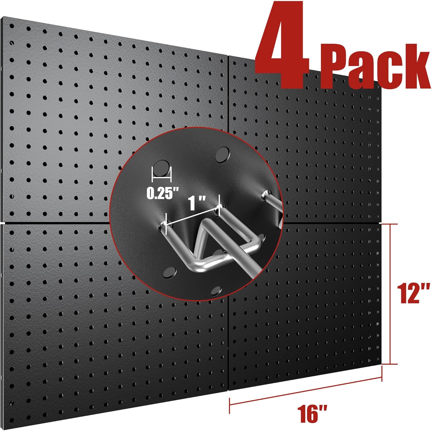 4 Pack Metal Pegboard Panels with 50 Hooks, Black Pegboard Wall Organizer, Pegboard Accessories, Heavy Duty Garage Tool Storage System for Workbench, Workshop, Office, Craft Room